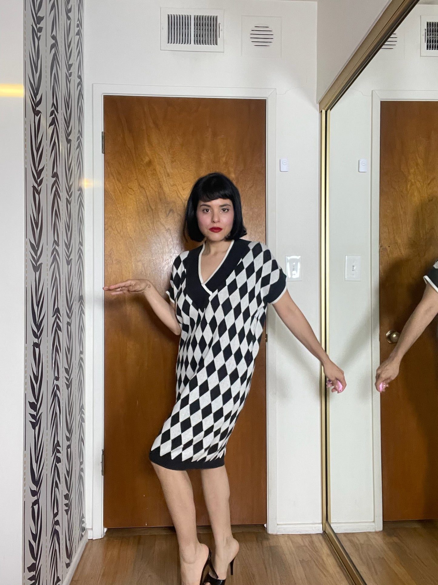 Vintage 80s "Kazmel" Black & White Diamond Knit Dress - Fits Most Sizes