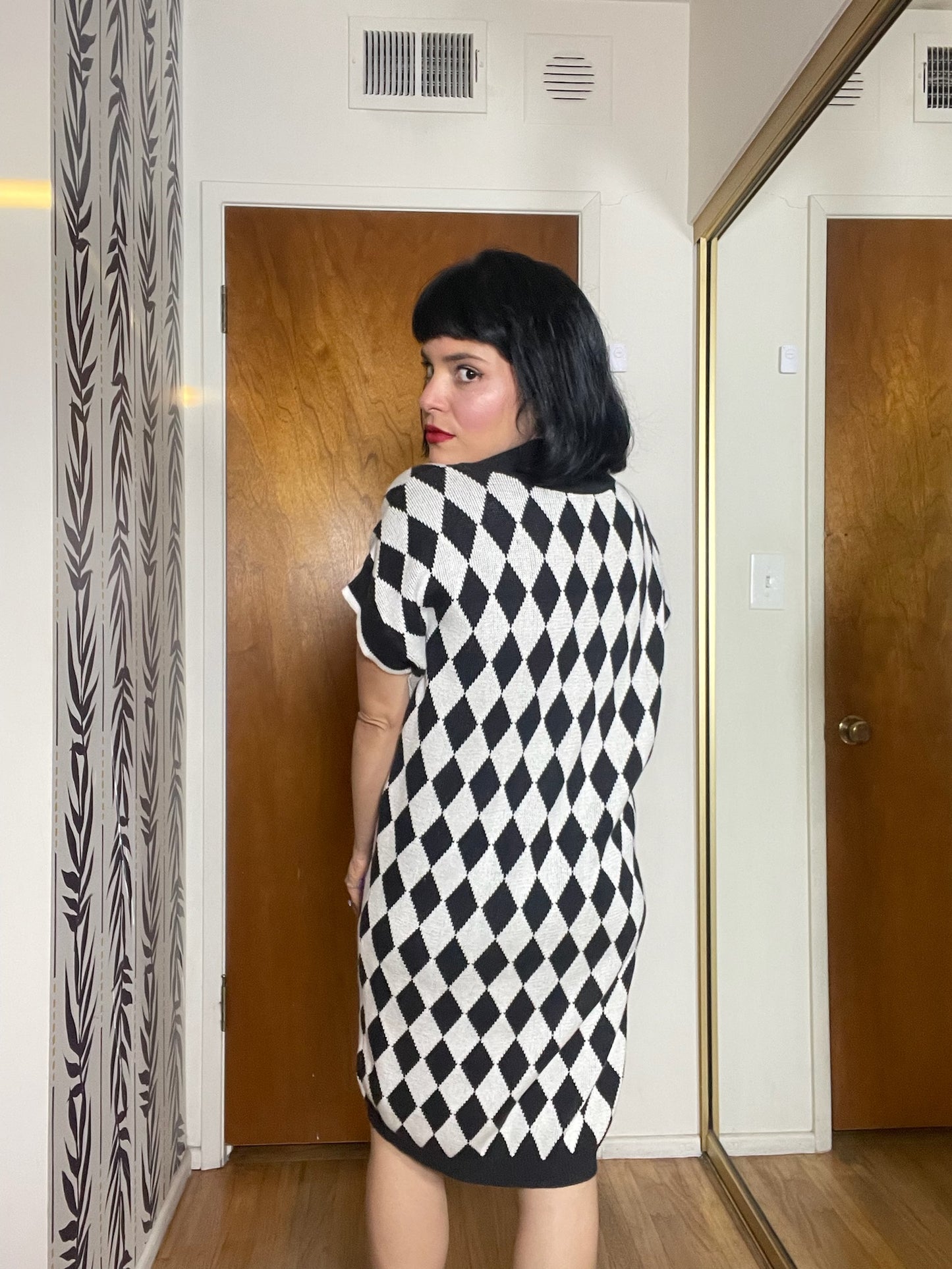 Vintage 80s "Kazmel" Black & White Diamond Knit Dress - Fits Most Sizes