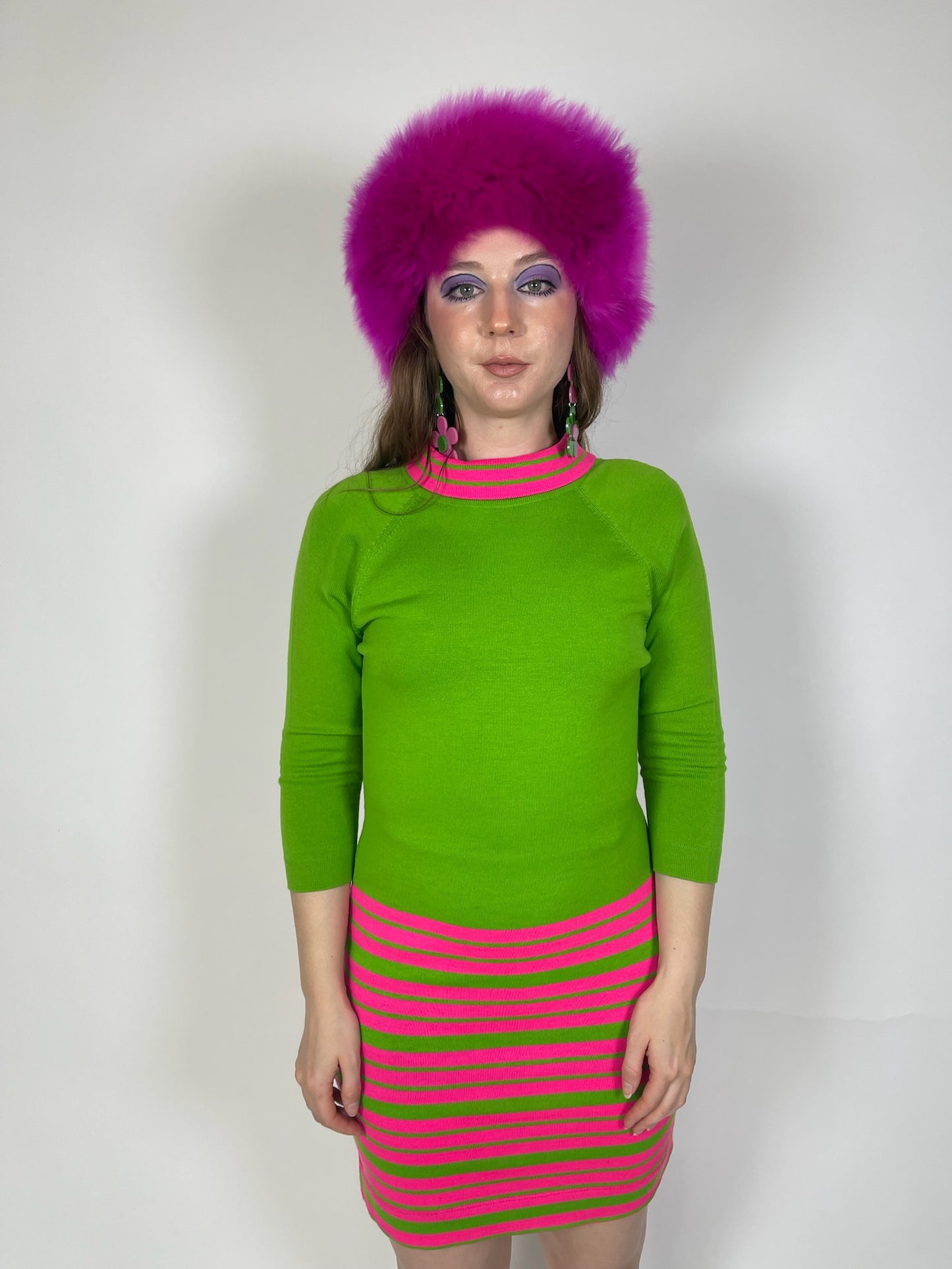 Vintage 60s "Cyrano by Sebastien" Pink & Green Knit Dress - Best Fits Size XS-M