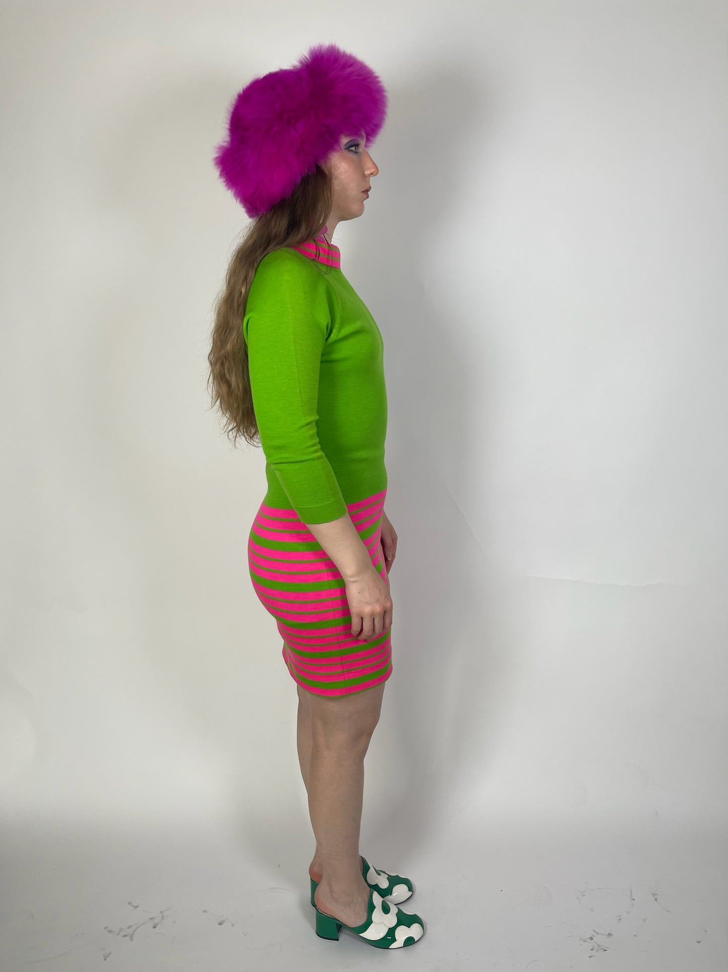 Vintage 60s "Cyrano by Sebastien" Pink & Green Knit Dress - Best Fits Size XS-M