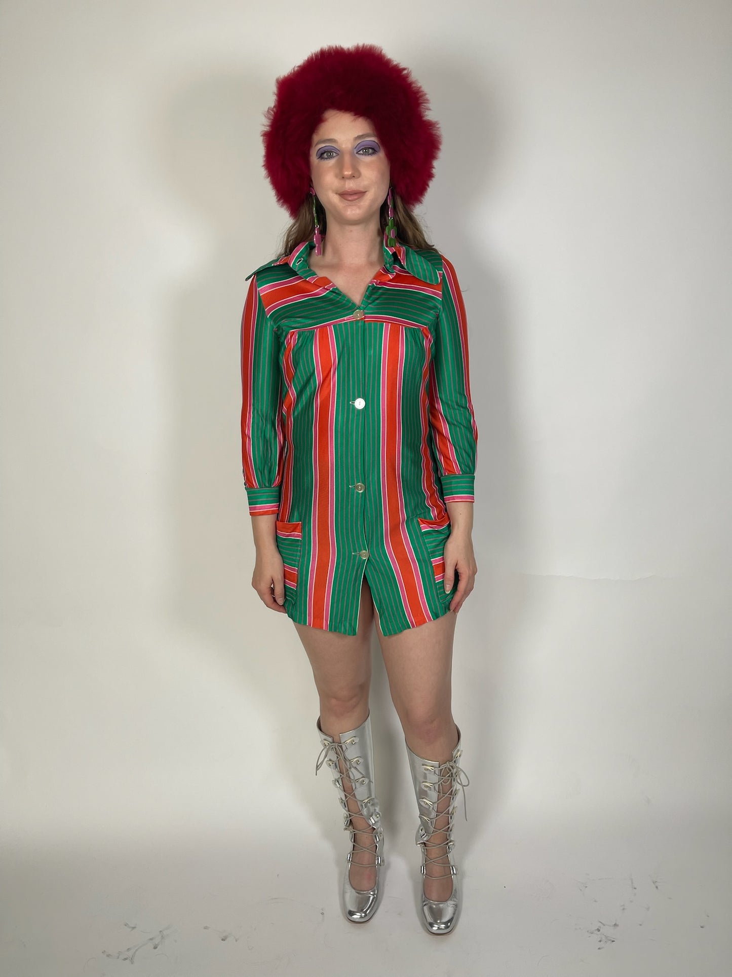 Vintage 60s 70s Striped Shirt Dress - Best Fits XS-S