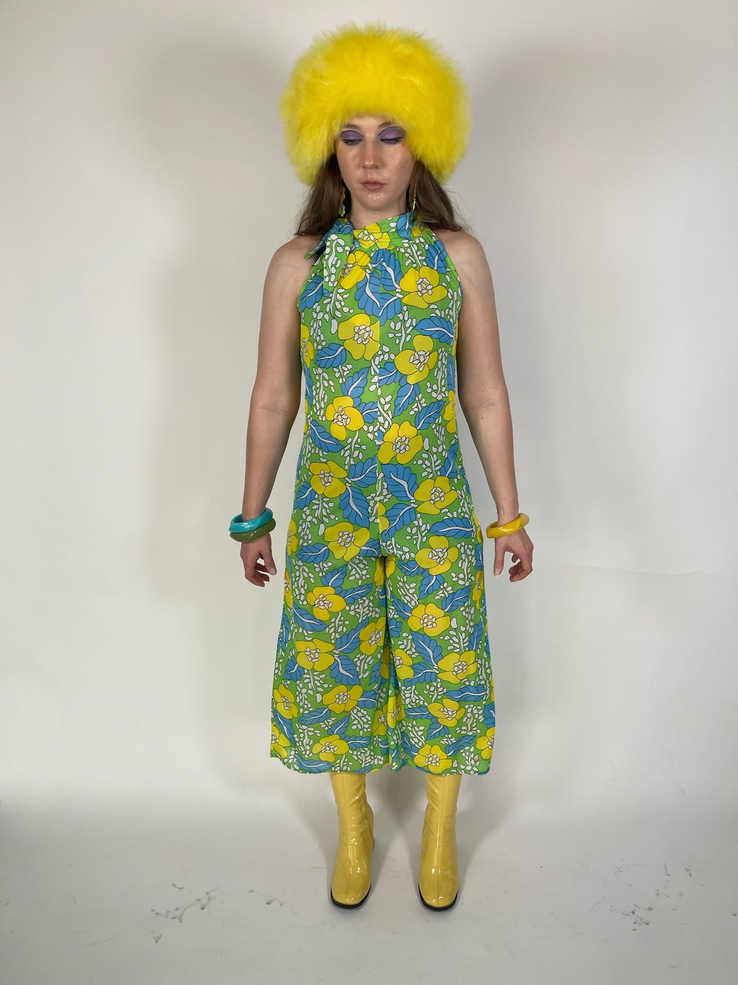 Vintage 60s 70s Nylon Flower Print Jumpsuit - Best Fits Size XS-M