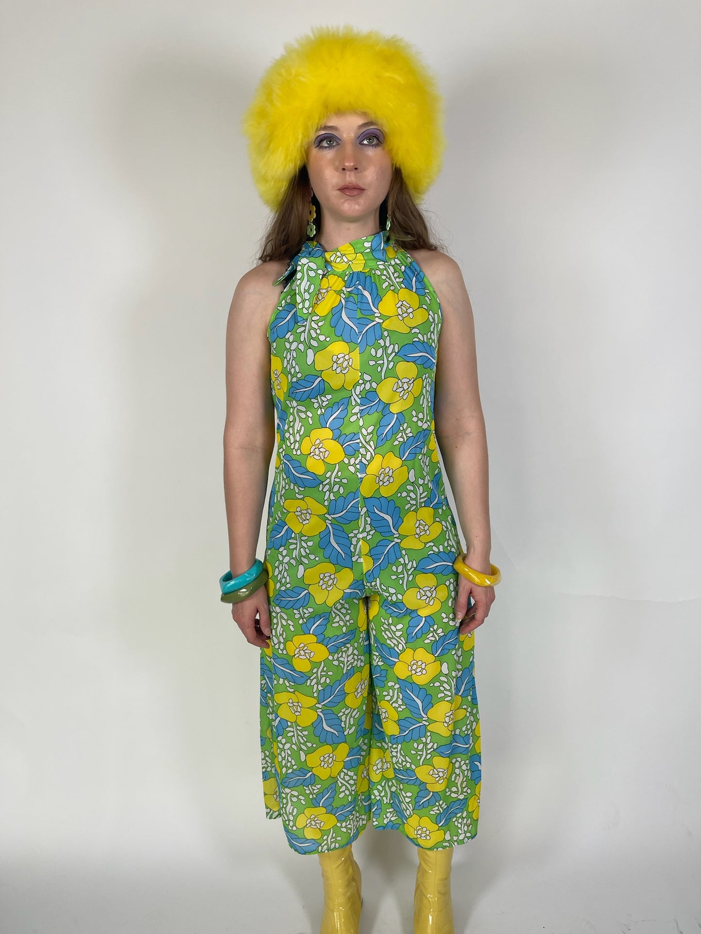 Vintage 60s 70s Nylon Flower Print Jumpsuit - Best Fits Size XS-M