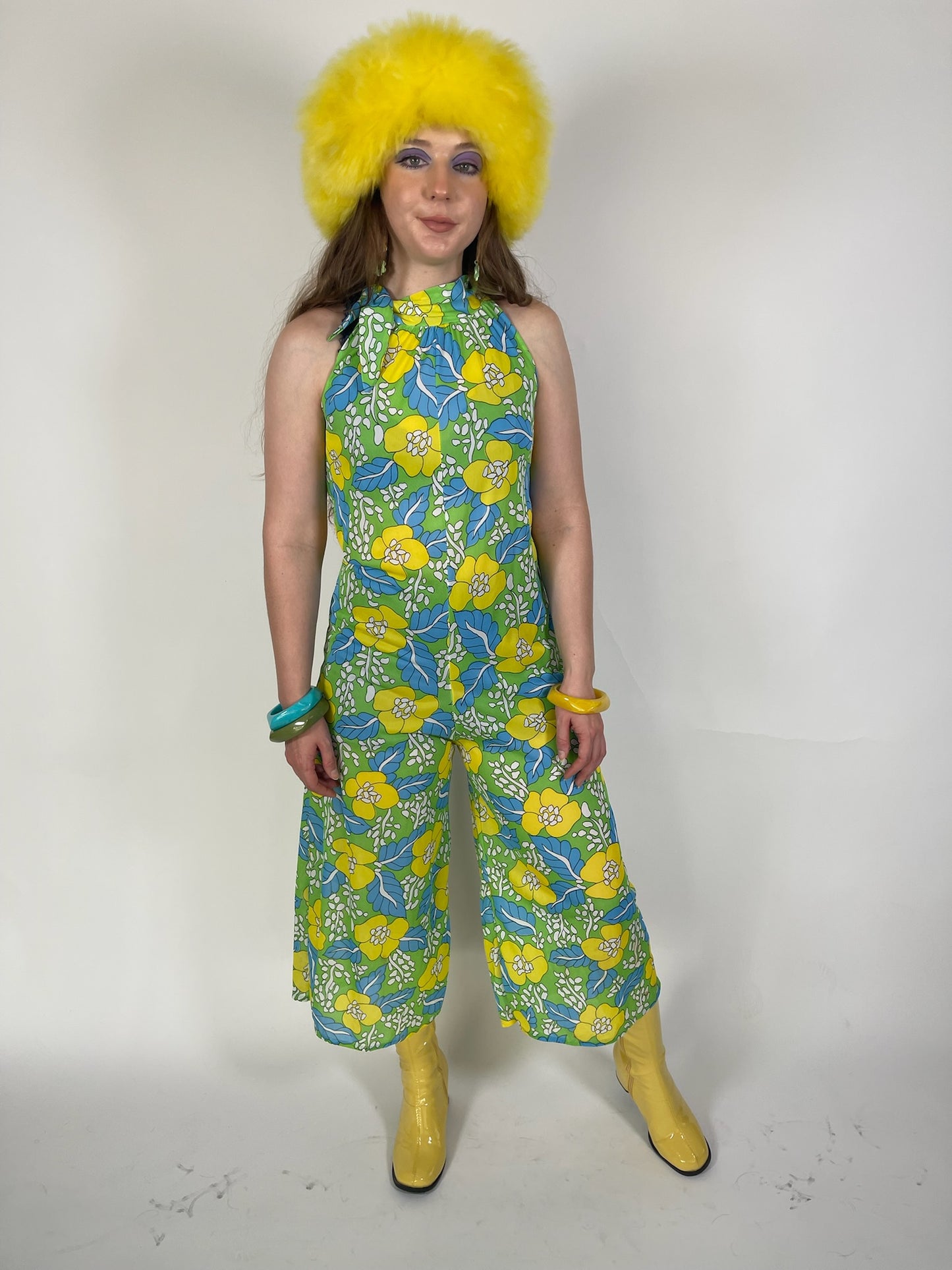 Vintage 60s 70s Nylon Flower Print Jumpsuit - Best Fits Size XS-M