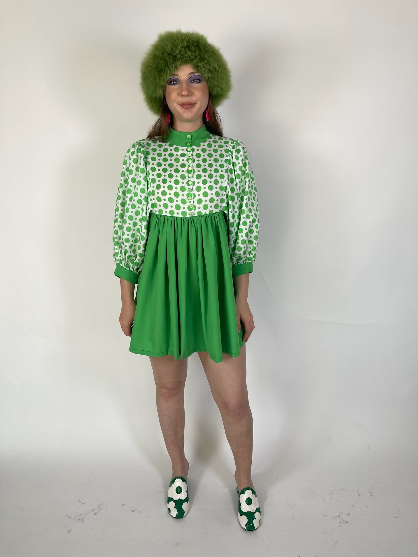 Vintage 60s 70s Green Polka Dot Babydoll Dress - Best Fits Size XS-S, Possibly M
