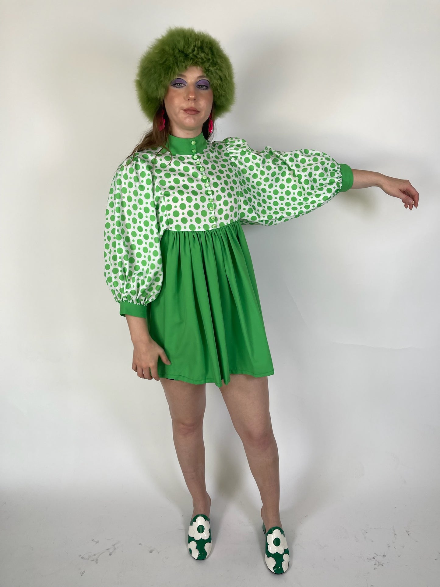 Vintage 60s 70s Green Polka Dot Babydoll Dress - Best Fits Size XS-S, Possibly M