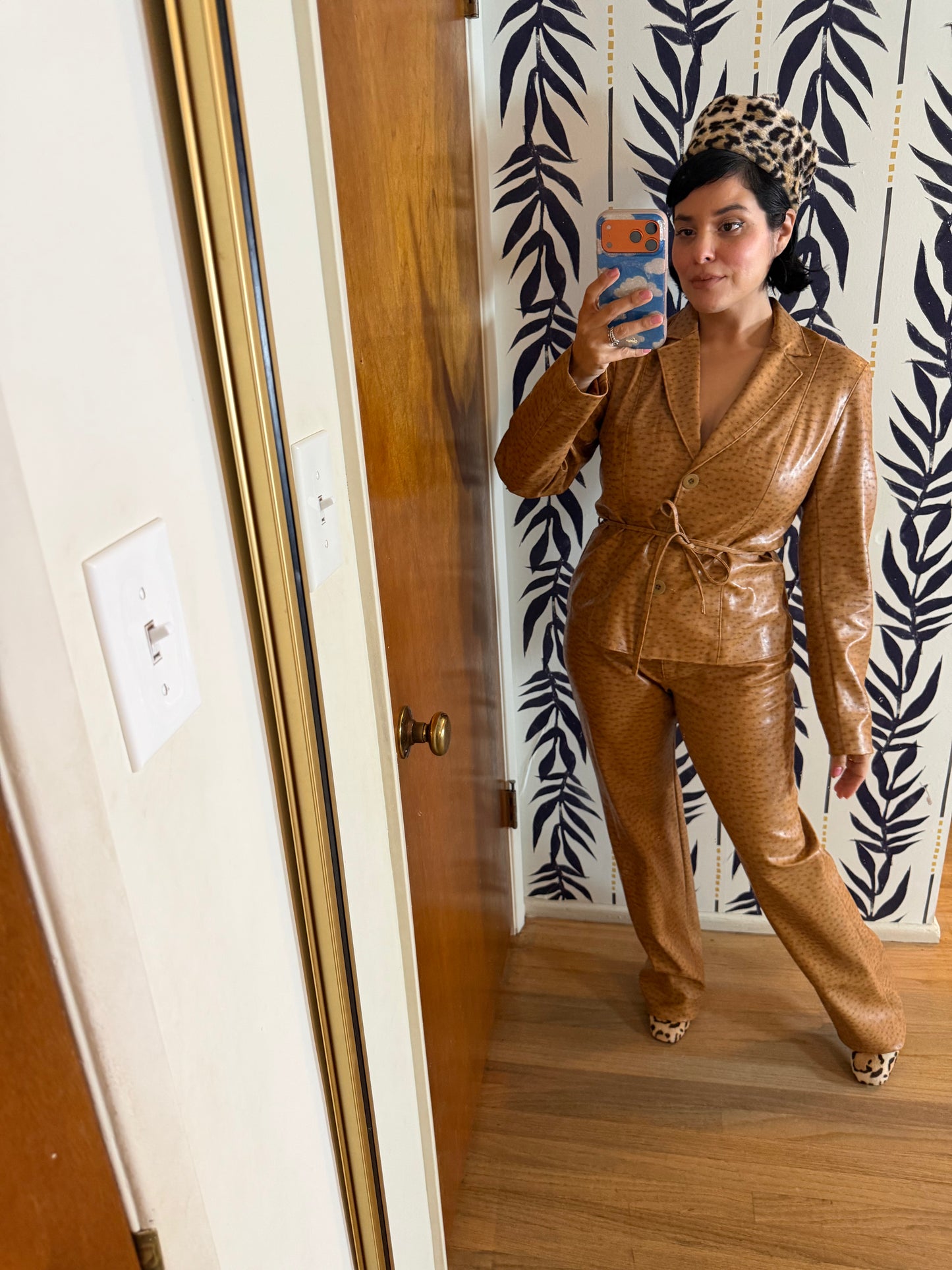 Vintage Vegan Leather 90s / Y2K Ostritch Embossed Blazer Pant Set Fits S-M