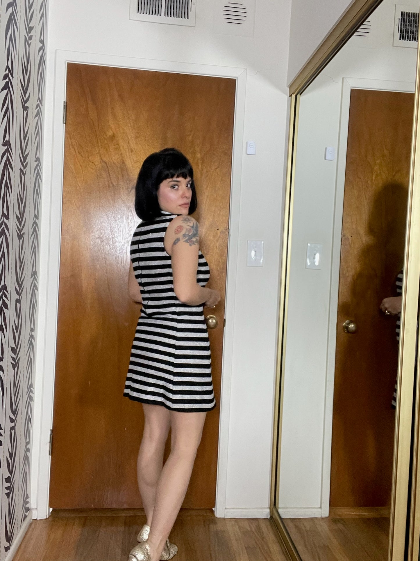 Vintage 60s "Youth Guild" Silver And Black Knit Mini Dress - Best Fits Size XXS-S, Possibly M