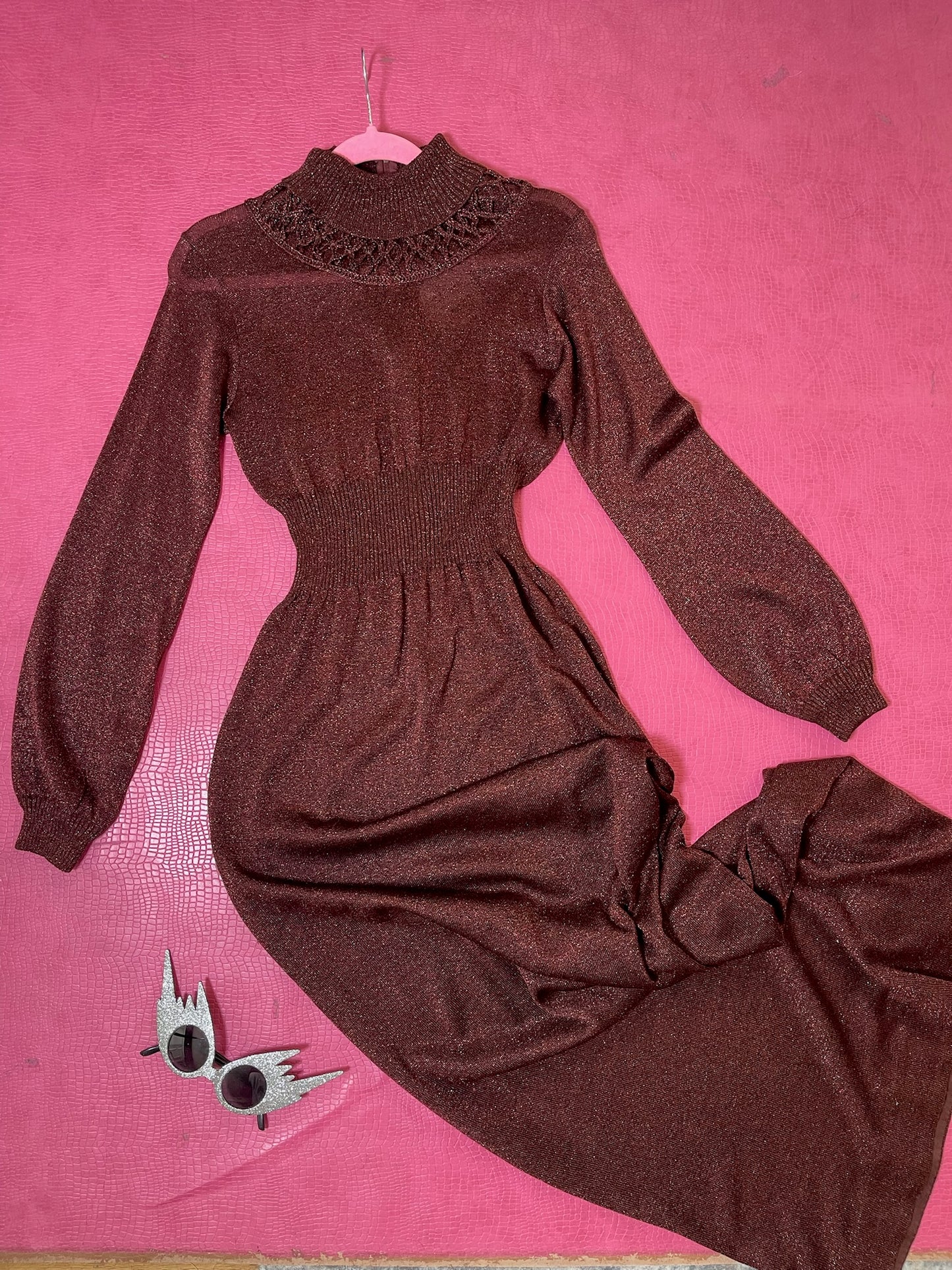 Vintage 60s 70s "Ruffians" Burgundy Glitter Knit Maxi Dress - Best Fits Size XS-L