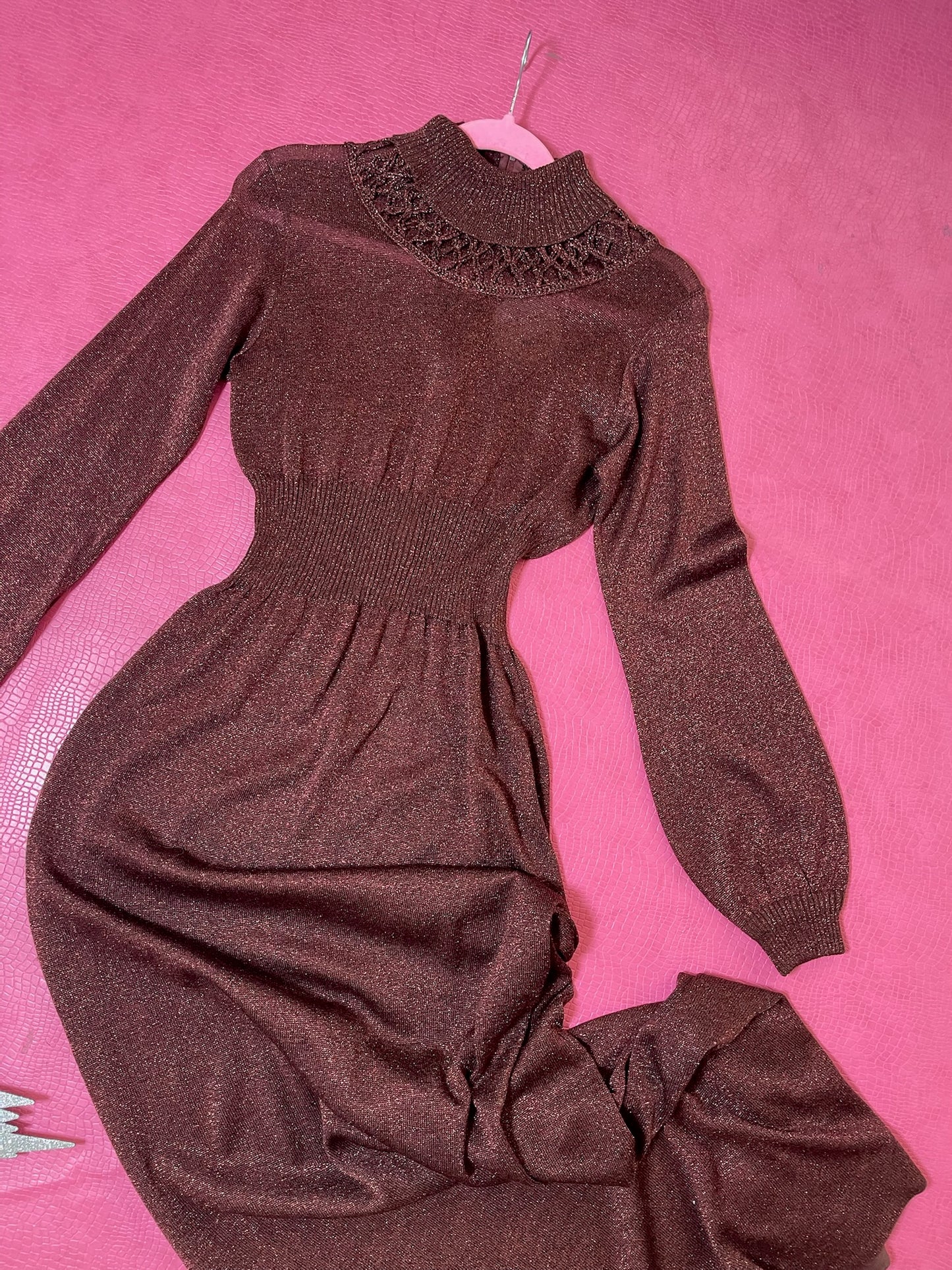 Vintage 60s 70s "Ruffians" Burgundy Glitter Knit Maxi Dress - Best Fits Size XS-L