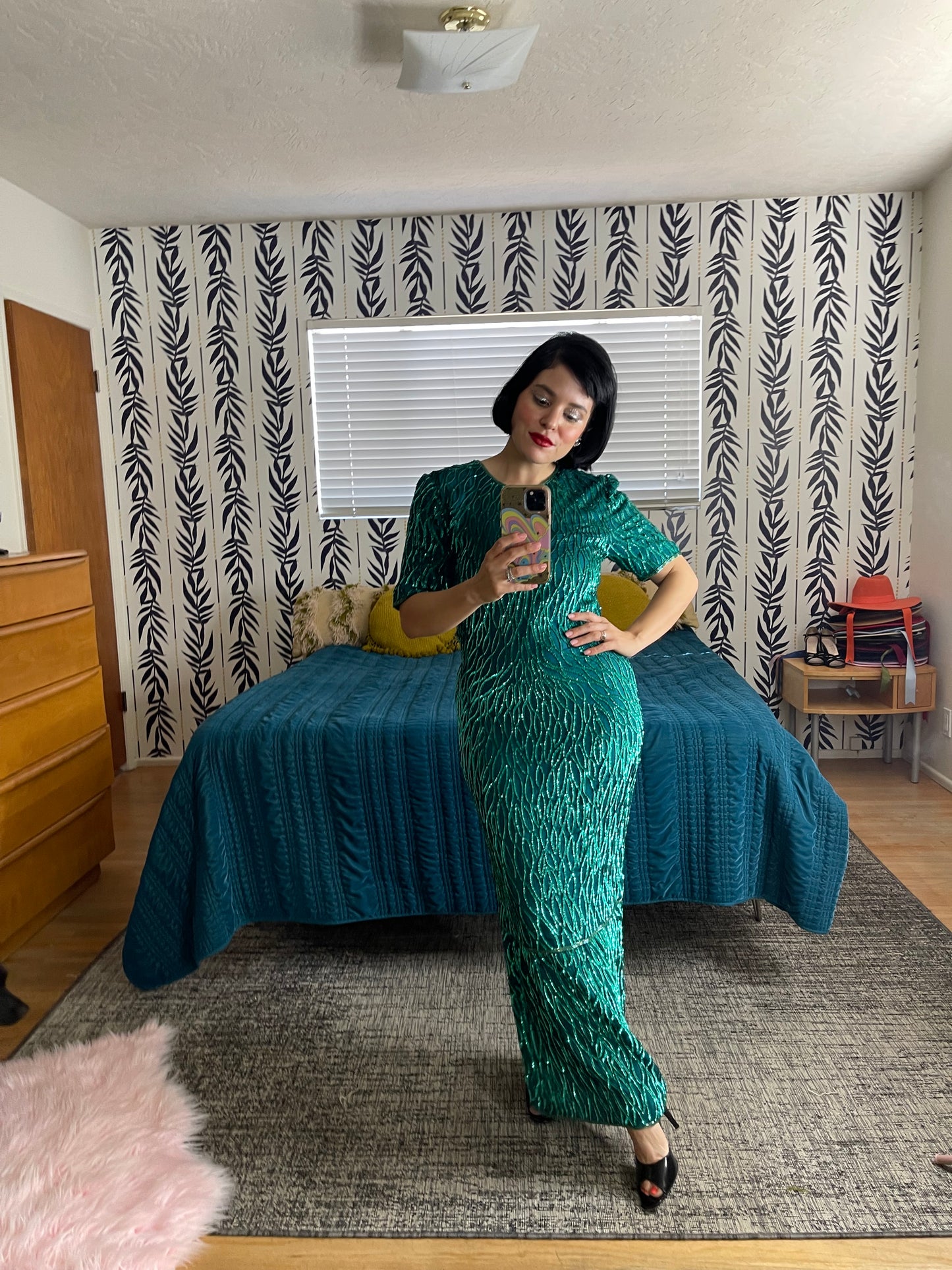 Vintage 60s “Laurence Kazar” Emerald City Green Sequins Dress Best Fits Sizes S-M