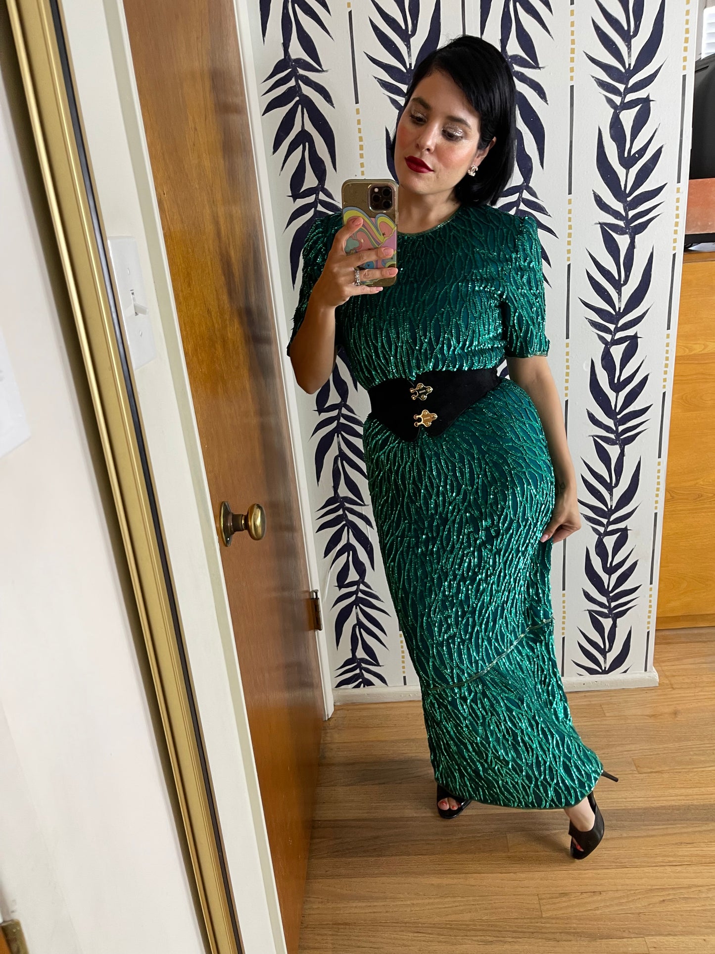 Vintage 60s “Laurence Kazar” Emerald City Green Sequins Dress Best Fits Sizes S-M