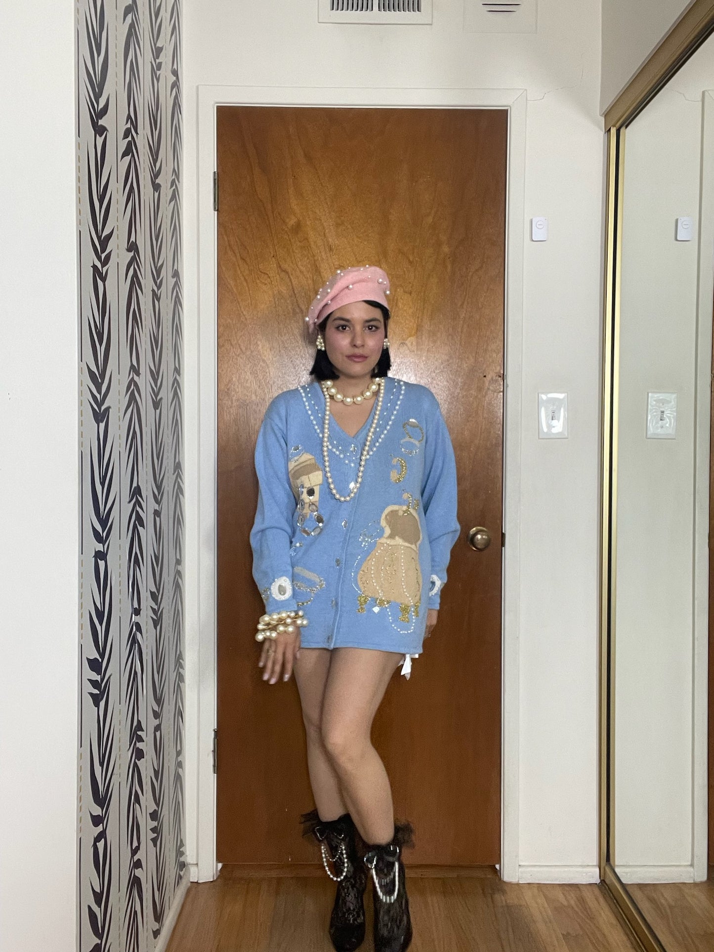 Vintage 90s "Story Book Knits" Blue Treasure Chest Cardigan Size M - Fits Most Sizes