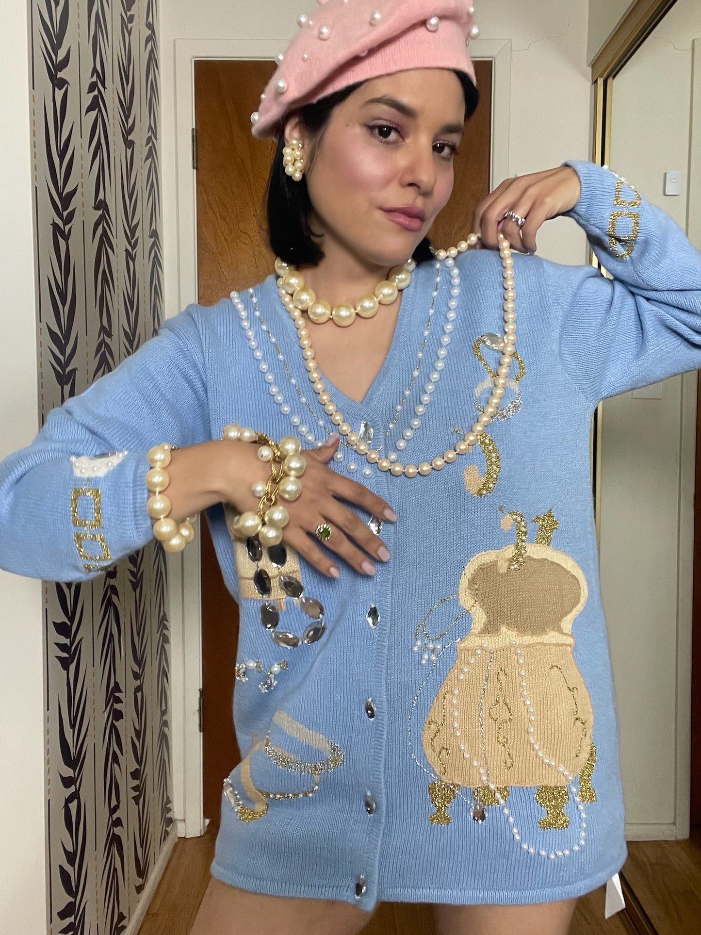 Vintage 90s "Story Book Knits" Blue Treasure Chest Cardigan Size M - Fits Most Sizes