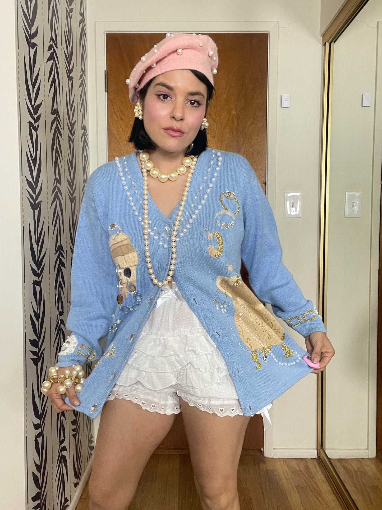 Vintage 90s "Story Book Knits" Blue Treasure Chest Cardigan Size M - Fits Most Sizes