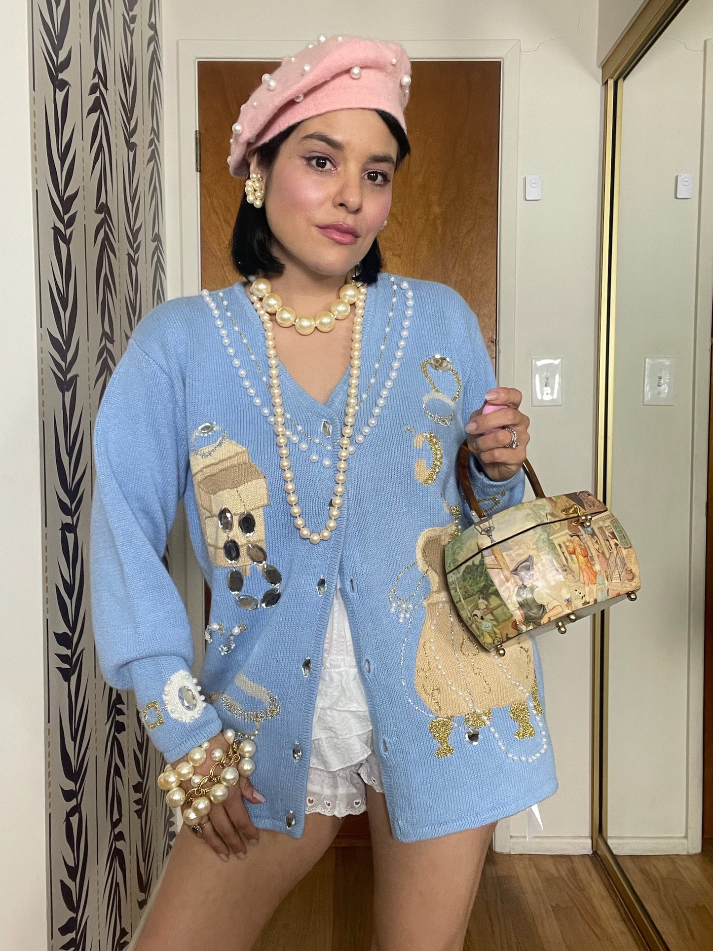 Vintage 90s "Story Book Knits" Blue Treasure Chest Cardigan Size M - Fits Most Sizes