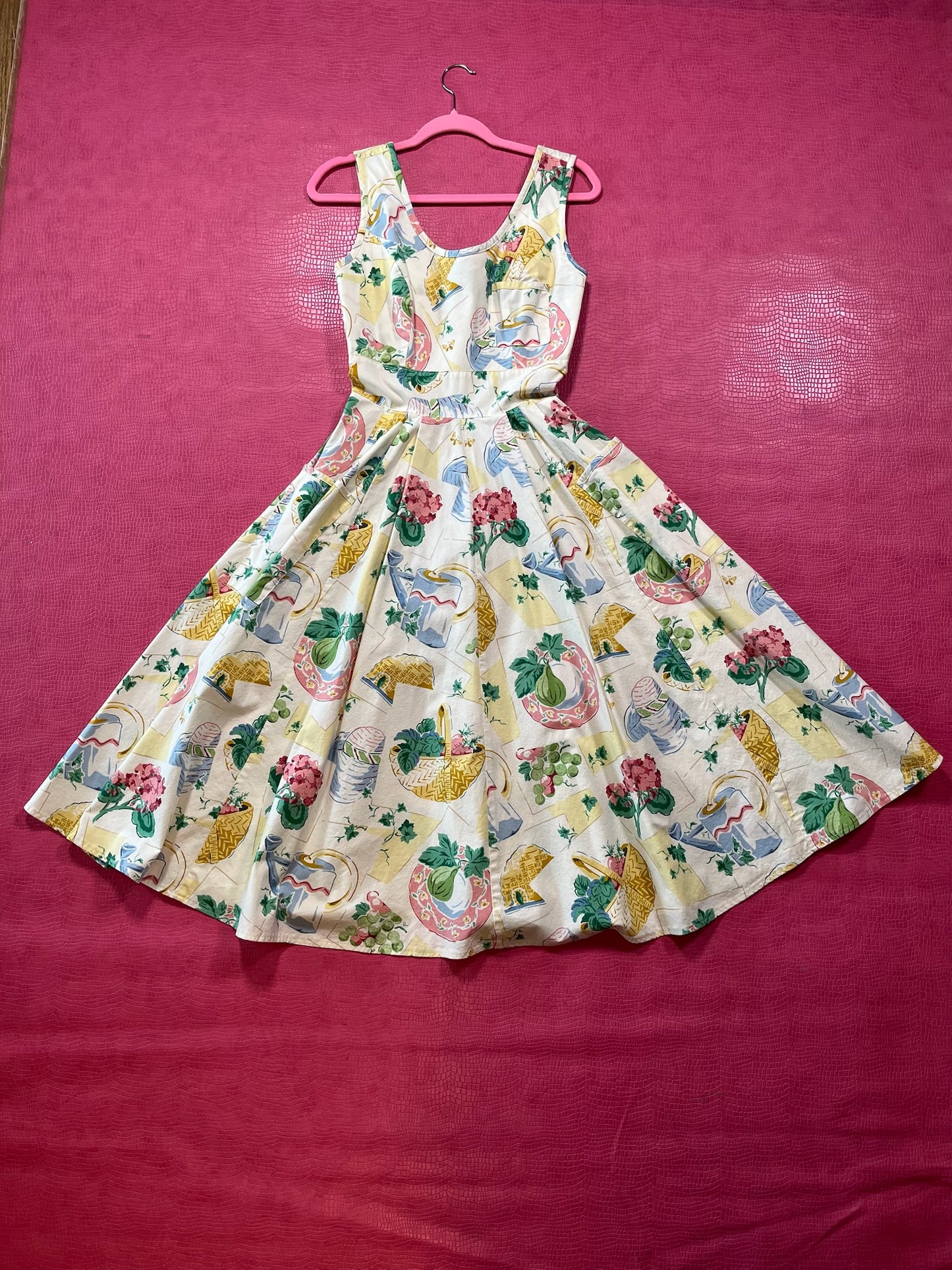 Vintage 80s "Karen Alexander" Picnic Basket Print Dress - Best Fits Size XS-S