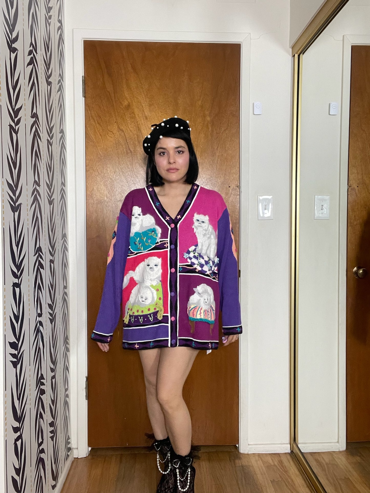 Vintage 90s "Story Book Knits" White Persian Cats Cardigan - Fits Most Sizes