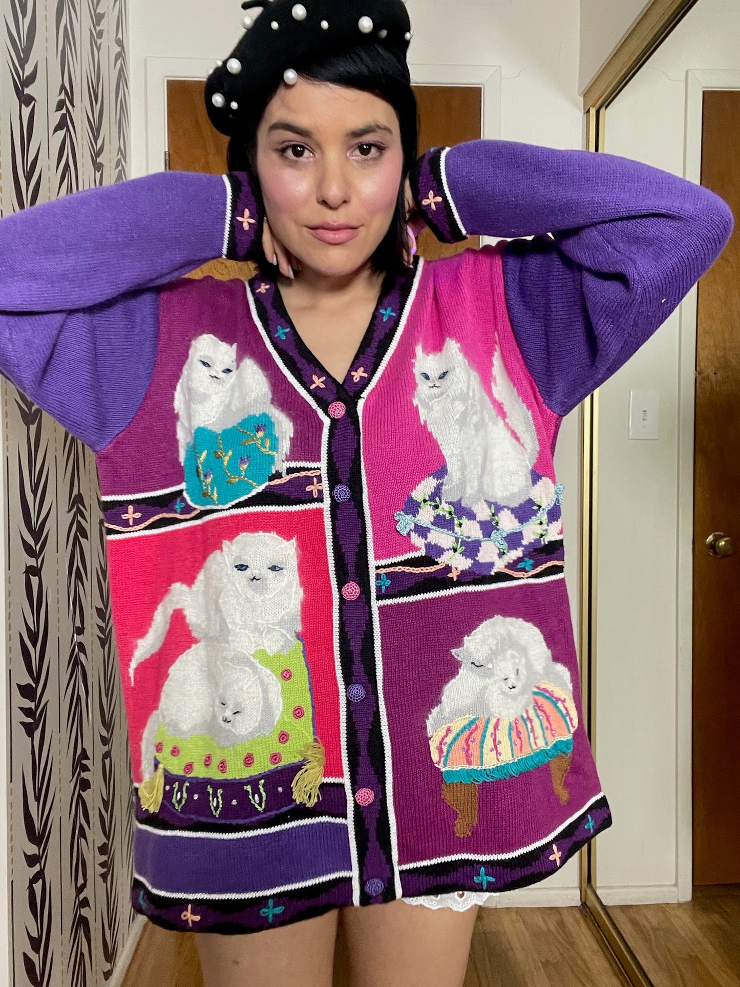 Vintage 90s "Story Book Knits" White Persian Cats Cardigan - Fits Most Sizes