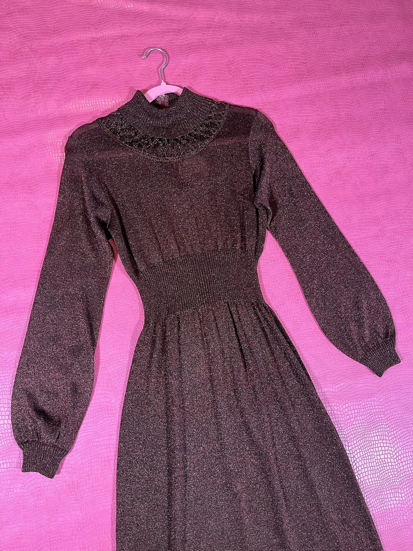 Vintage 60s 70s "Ruffians" Burgundy Glitter Knit Maxi Dress - Best Fits Size XS-L