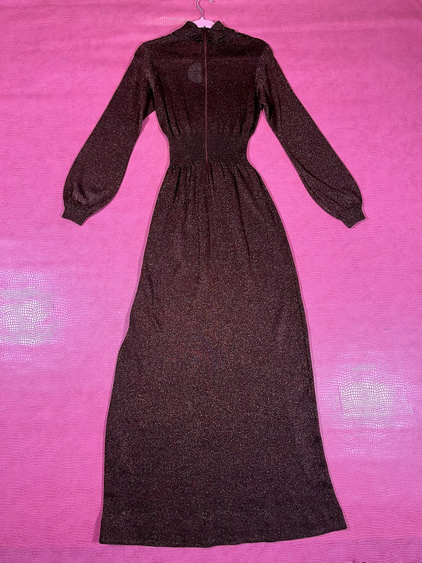 Vintage 60s 70s "Ruffians" Burgundy Glitter Knit Maxi Dress - Best Fits Size XS-L