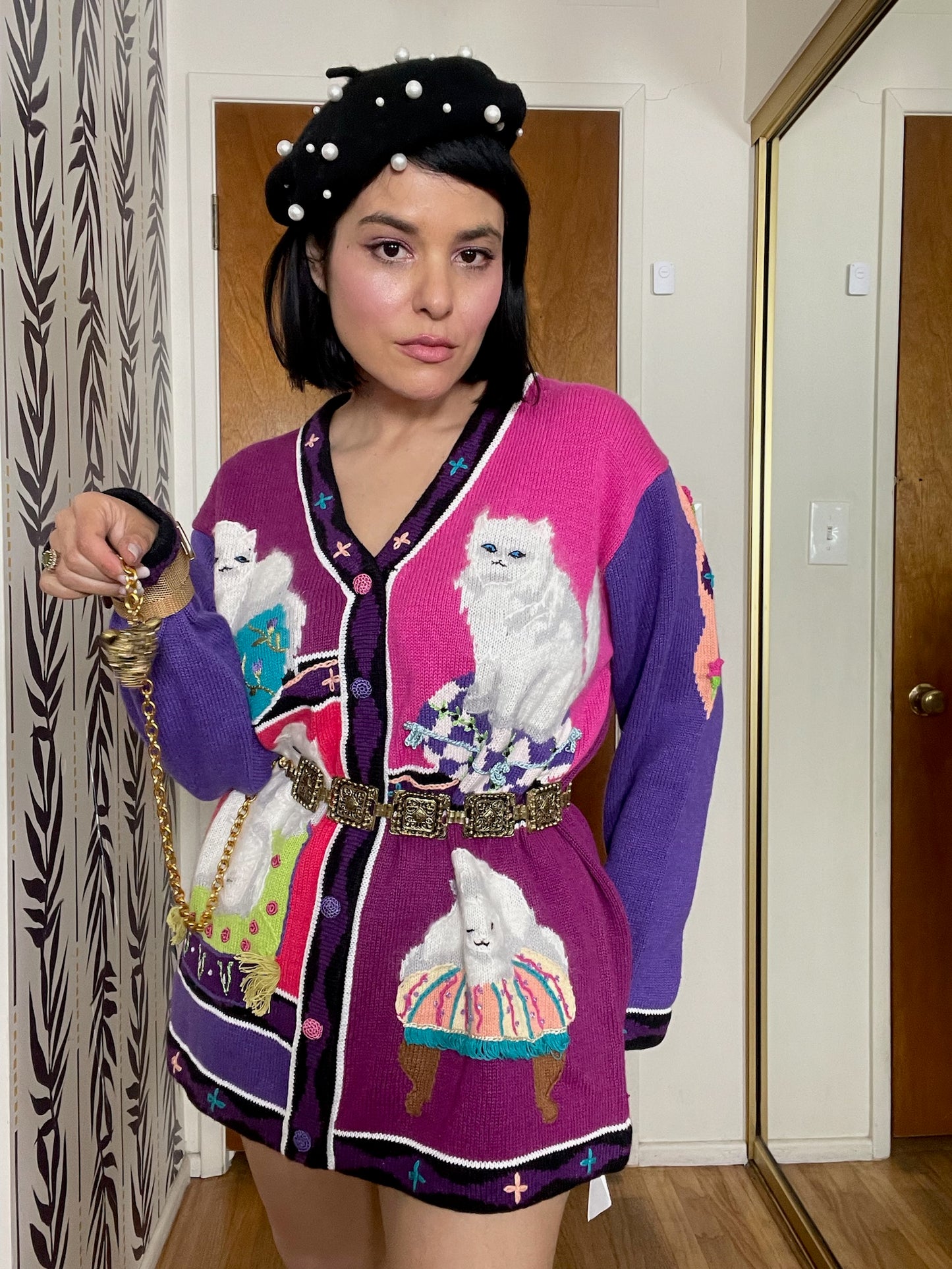 Vintage 90s "Story Book Knits" White Persian Cats Cardigan - Fits Most Sizes