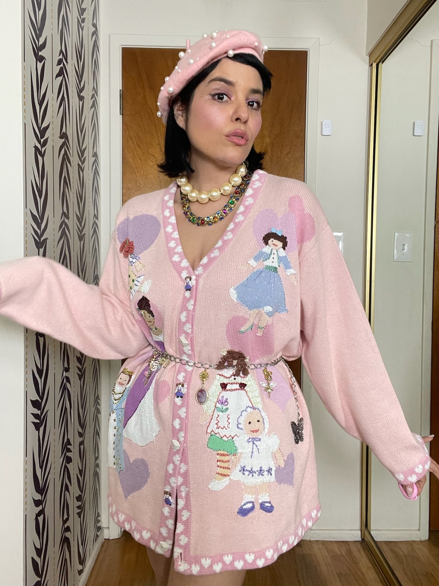 Vintage 90s "Story Book Knits" Doll Collection Cardigan Size Large - Fits Most Sizes