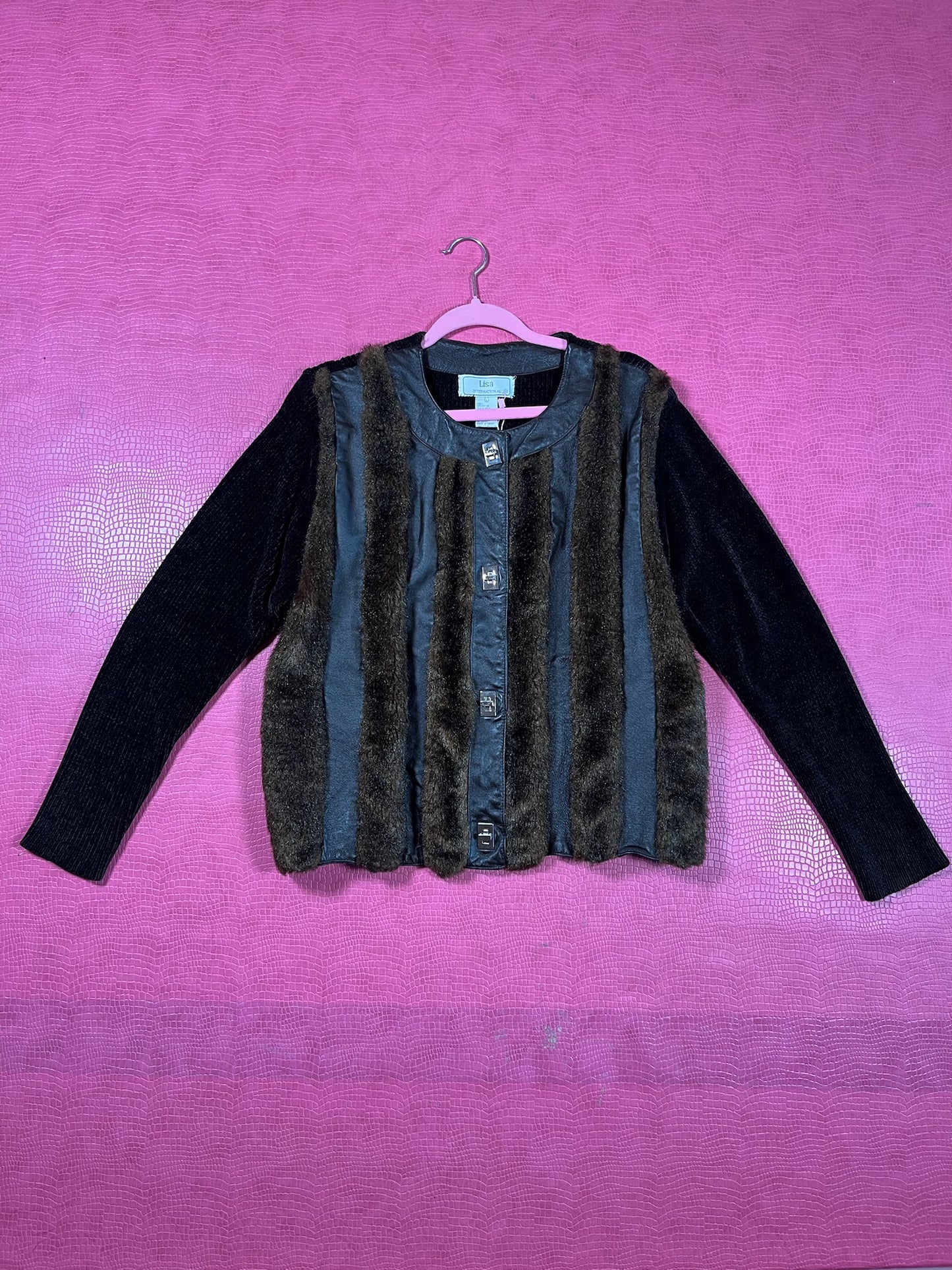 Vintage 80s "Lisa International" Leather & Faux Fur Knit Cardigan - Best Fits Size XS-M, Possible L