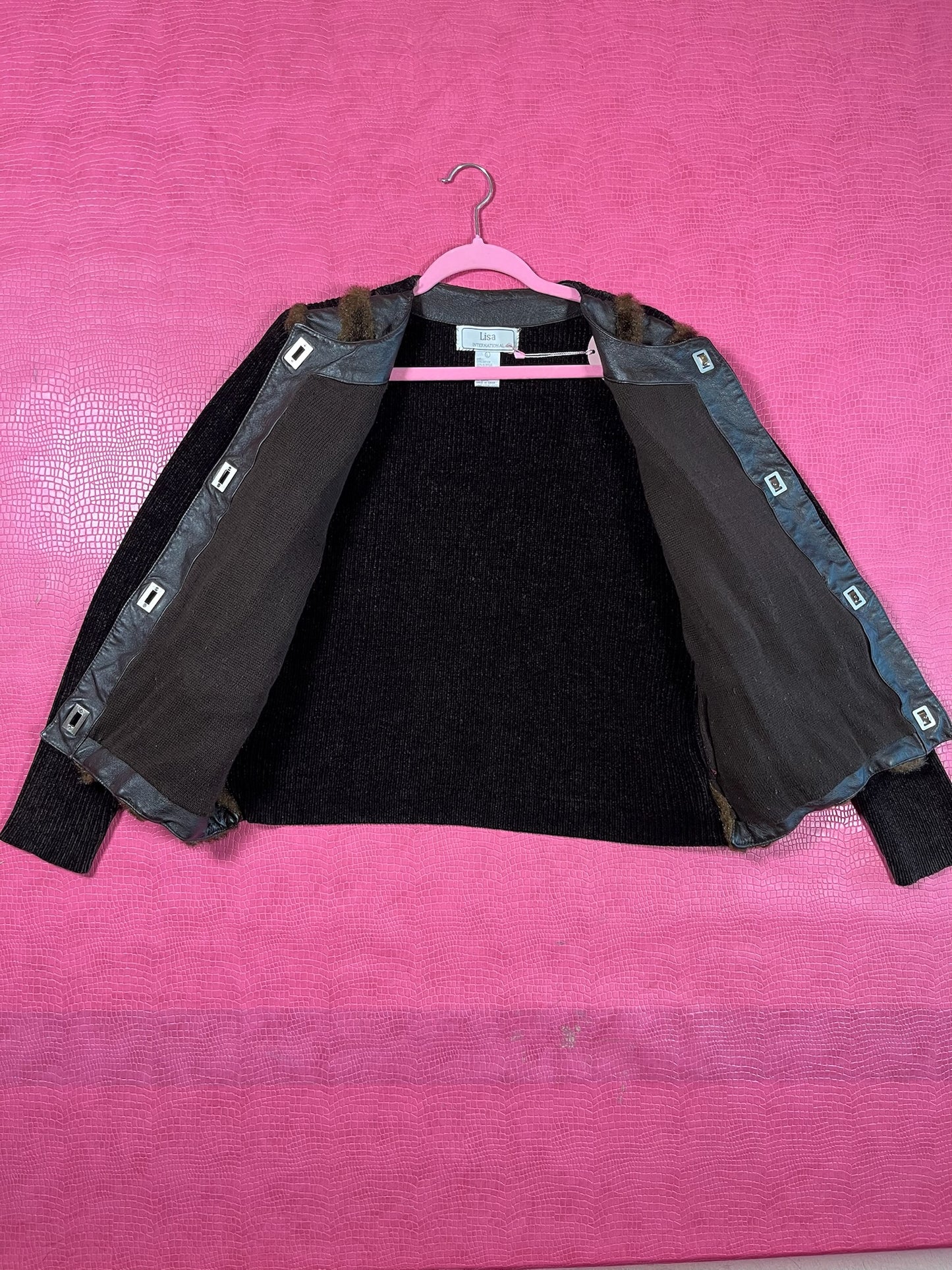 Vintage 80s "Lisa International" Leather & Faux Fur Knit Cardigan - Best Fits Size XS-M, Possible L