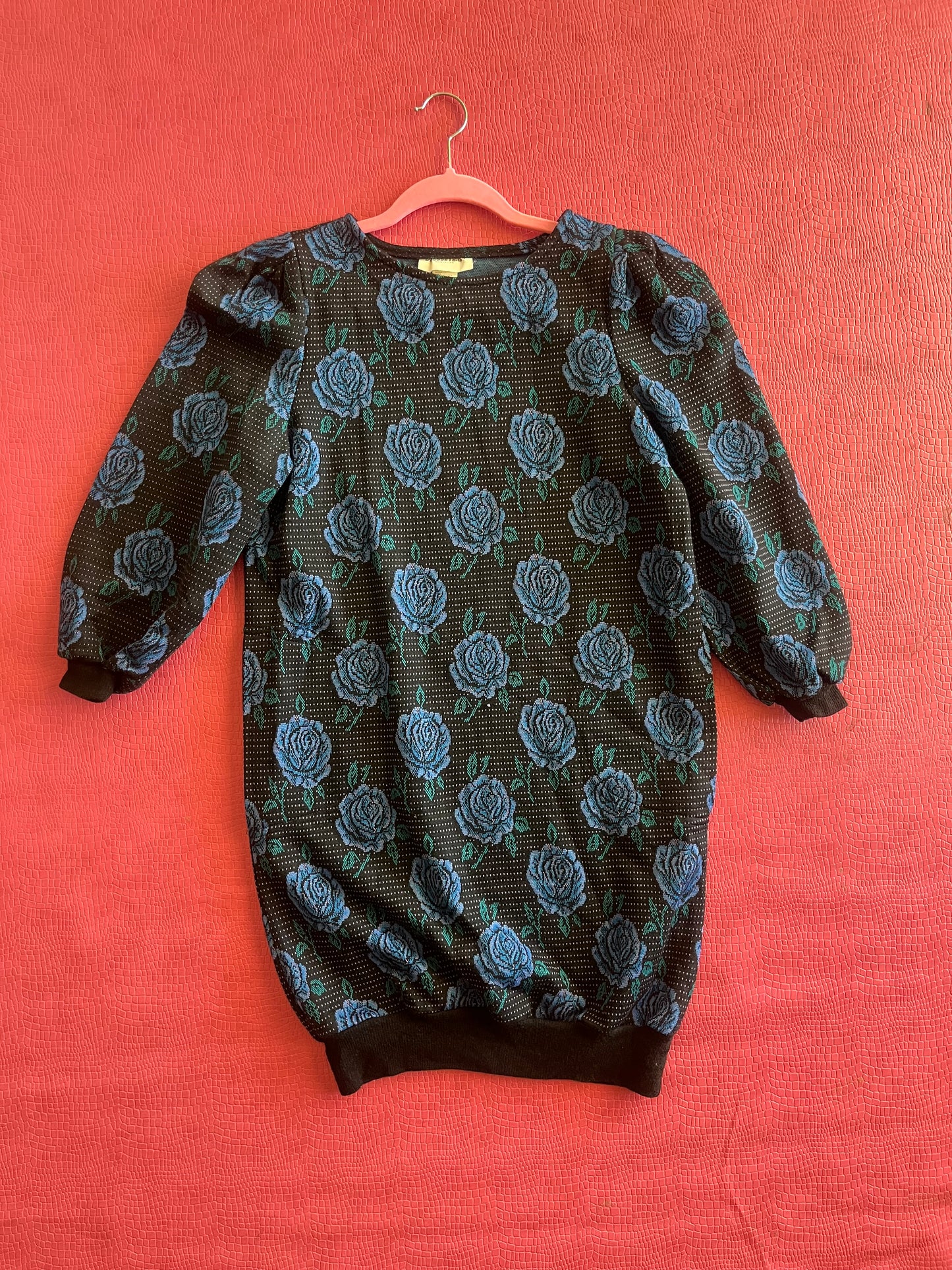 Vintage 80s Blue Rose Knit Dress - Fits Up To Size L, Possibly XL