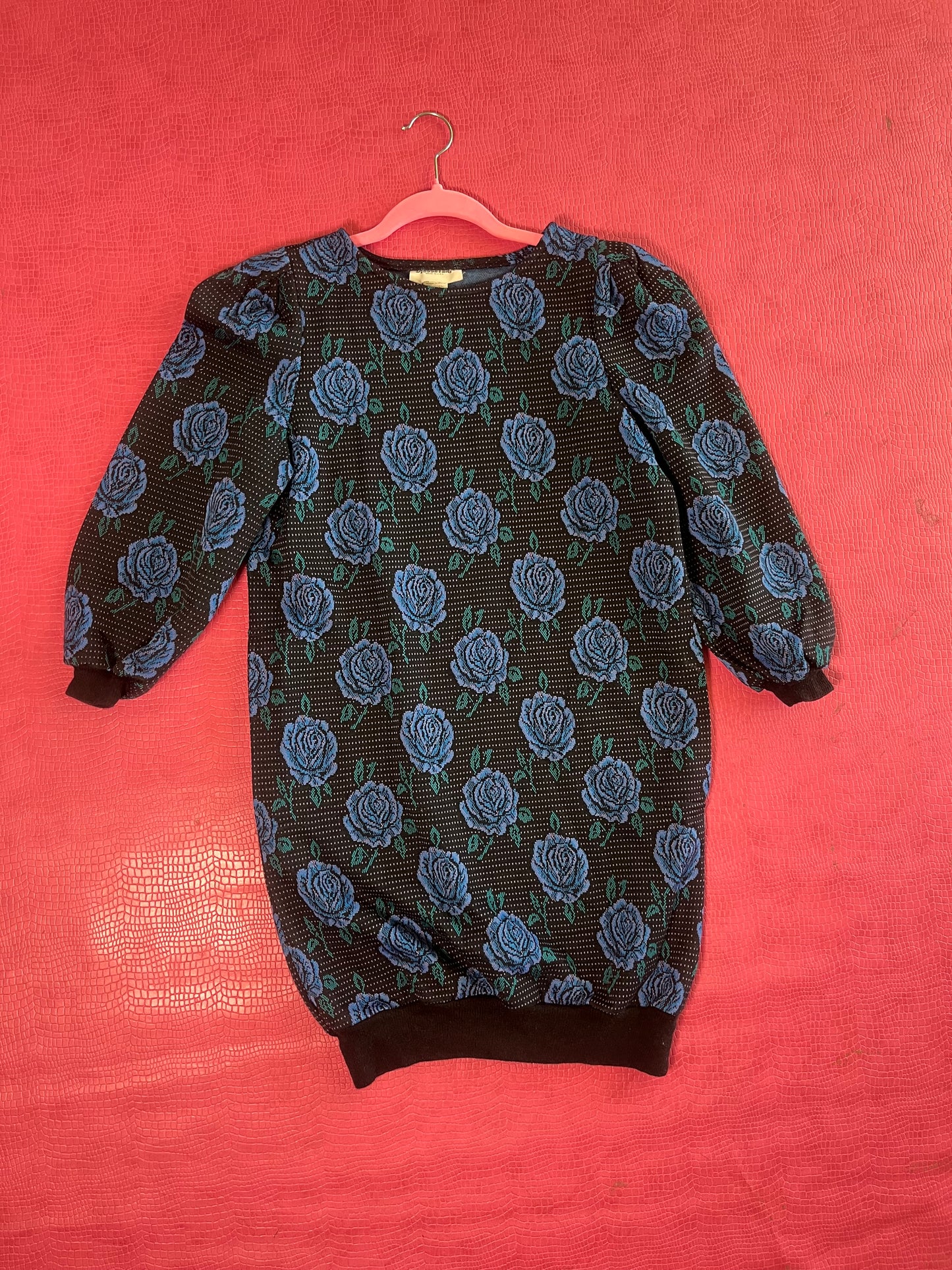 Vintage 80s Blue Rose Knit Dress - Fits Up To Size L, Possibly XL
