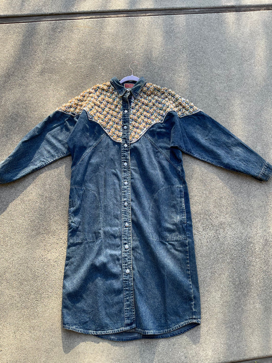 Vintage 80s Oversized Denim Button Down Dolman Sleeves Coat Dress Fits Most Sizes