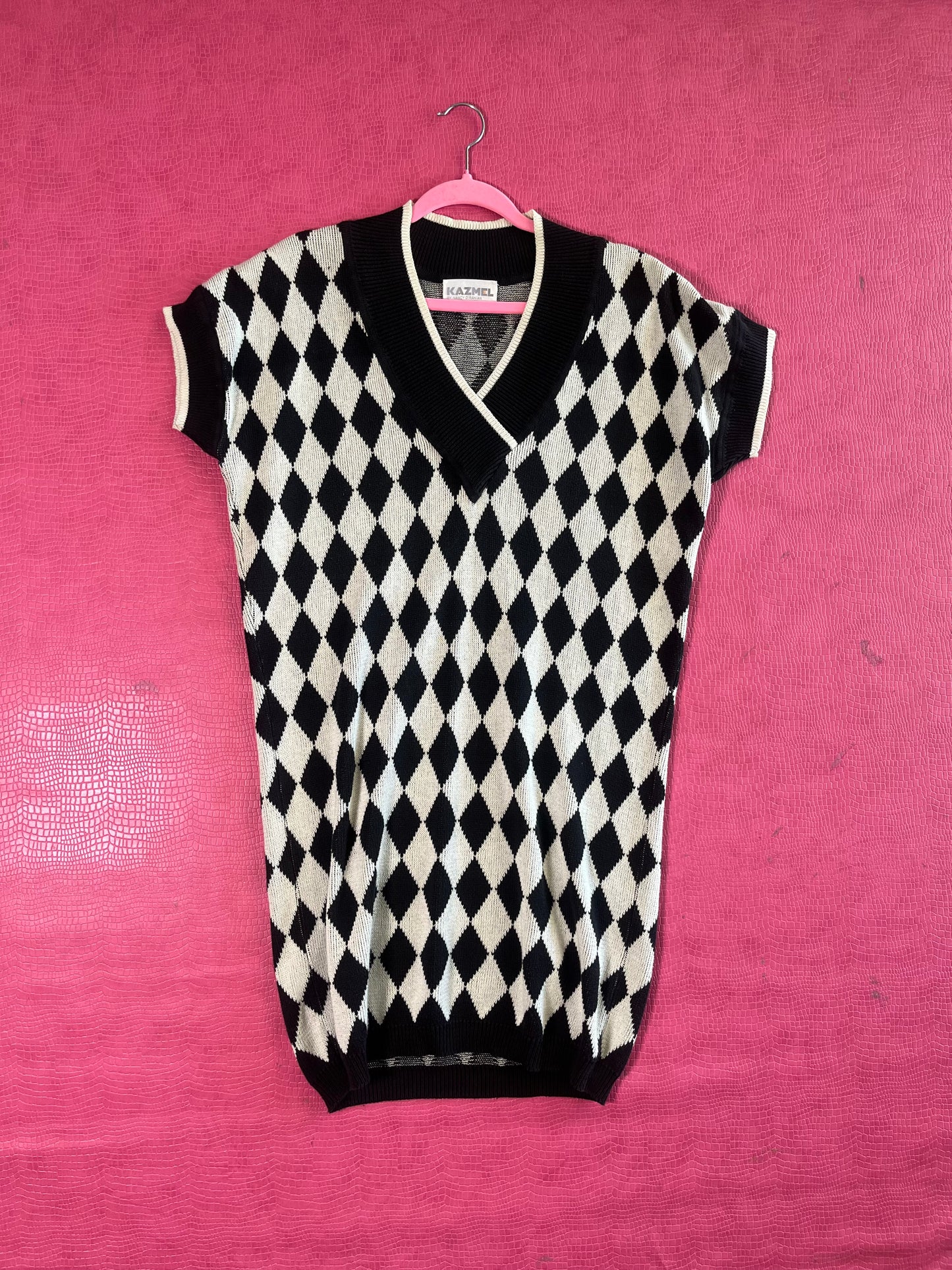 Vintage 80s "Kazmel" Black & White Diamond Knit Dress - Fits Most Sizes