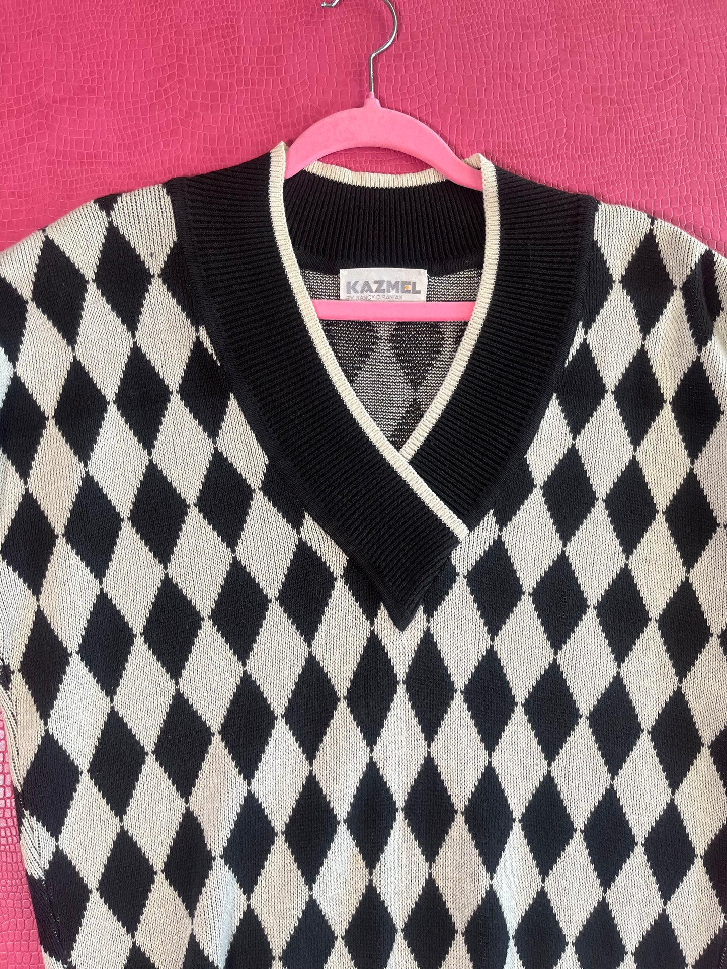 Vintage 80s "Kazmel" Black & White Diamond Knit Dress - Fits Most Sizes