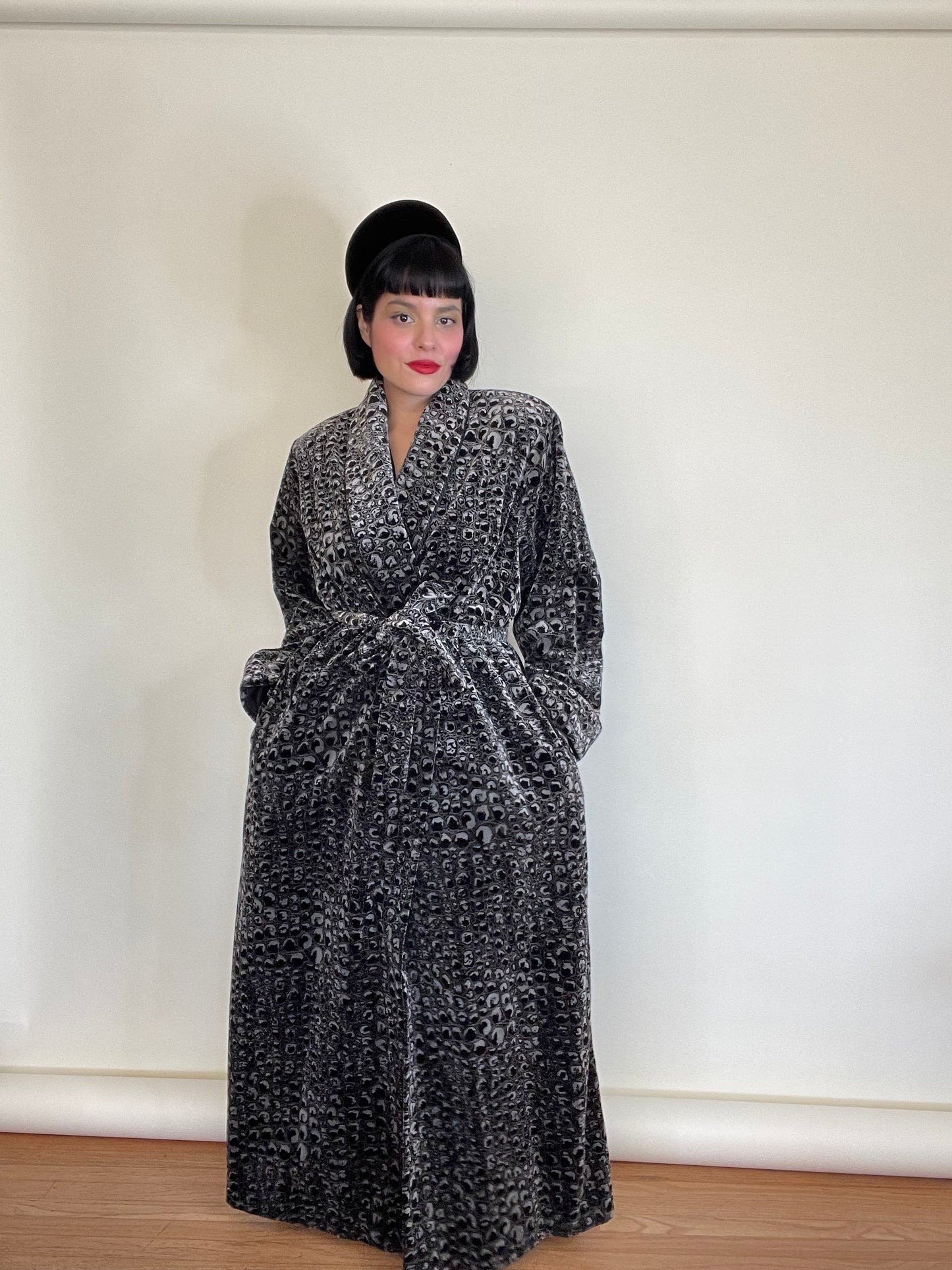 Vintage 80s Patent Leather Crocodile Print Rich Velvet Robe Duster Fits Most Sizes