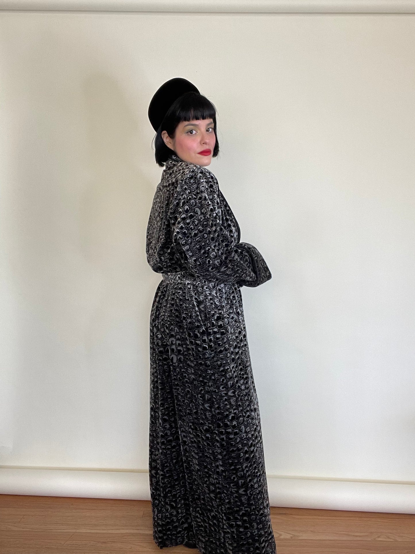 Vintage 80s Patent Leather Crocodile Print Rich Velvet Robe Duster Fits Most Sizes