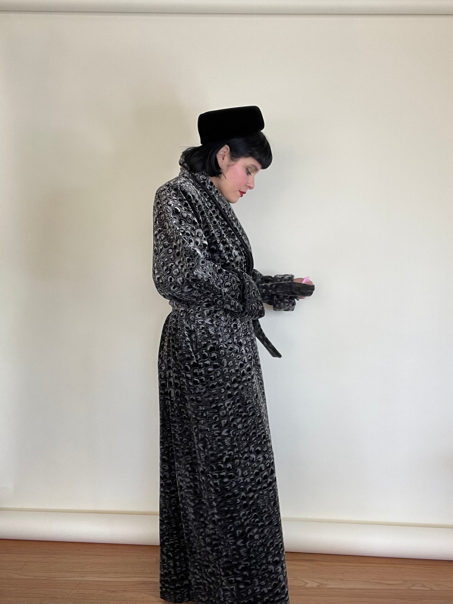 Vintage 80s Patent Leather Crocodile Print Rich Velvet Robe Duster Fits Most Sizes
