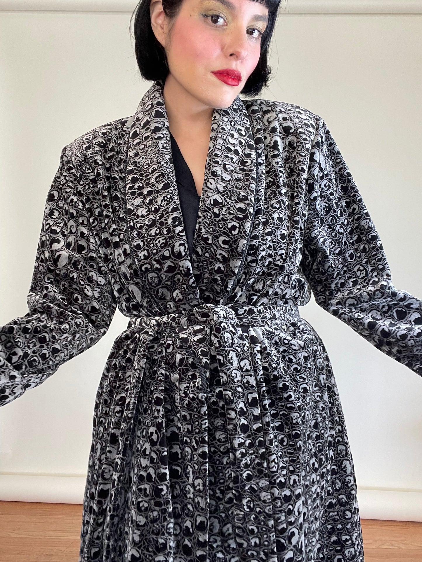 Vintage 80s Patent Leather Crocodile Print Rich Velvet Robe Duster Fits Most Sizes