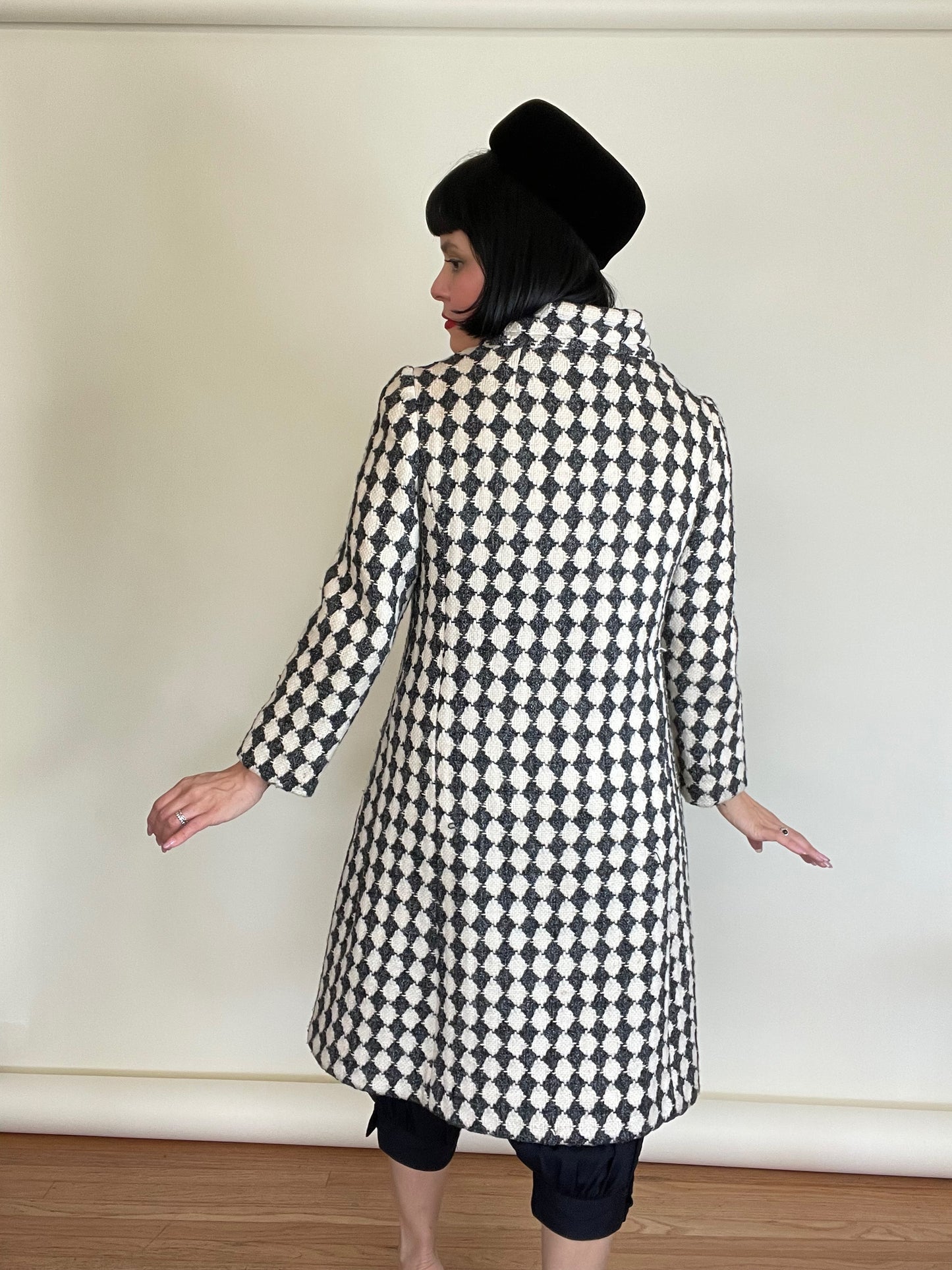 Vintage 60s Mod Checkered Print Wool Coat Best Fits Sizes XS-M