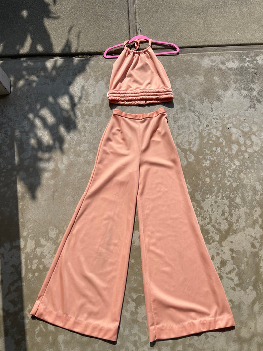 60s / 70s Peachy Cropped Halter High Waisted Wide Leg Pants Fits XS-SM