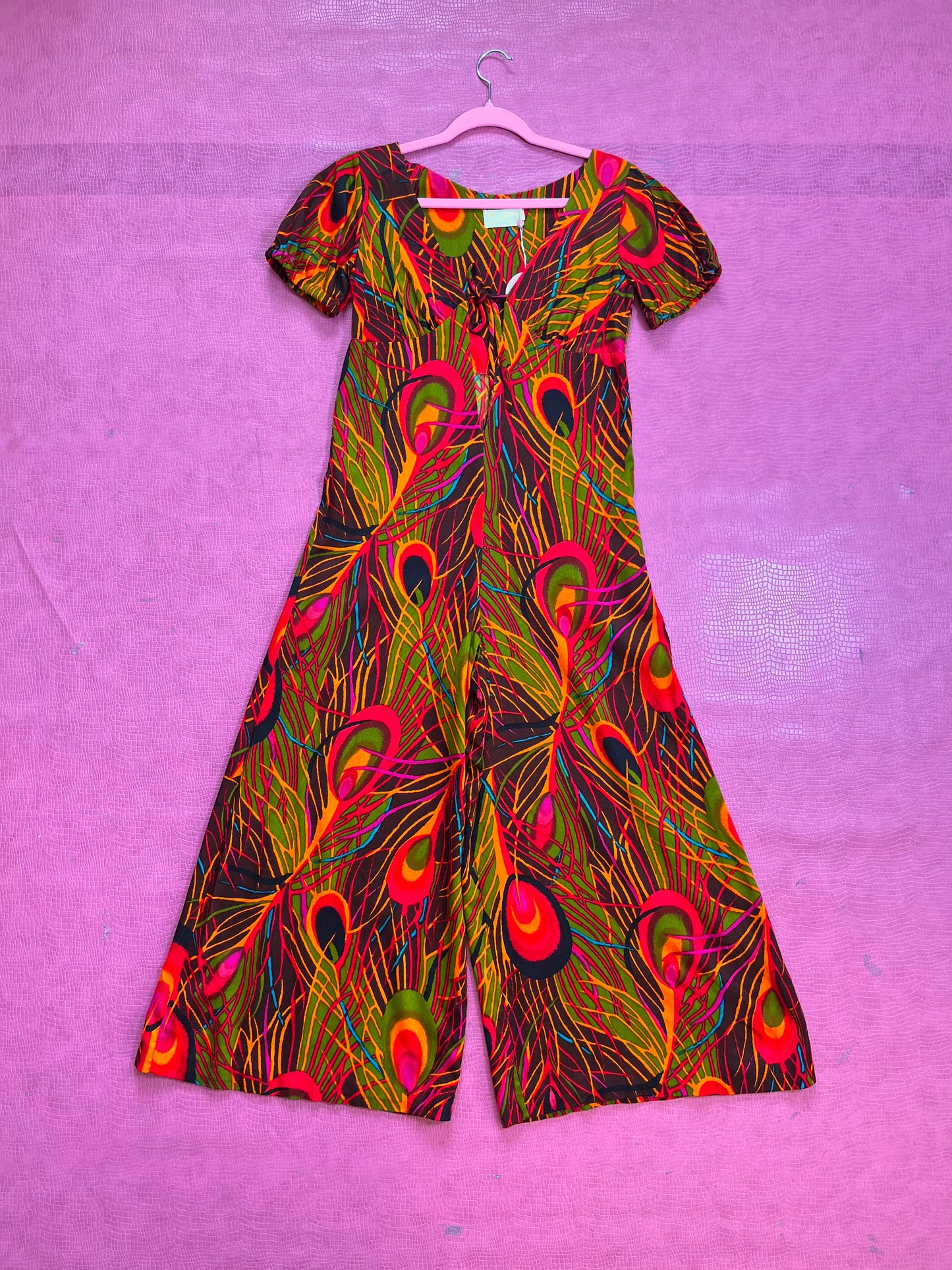 Vintage 60s 70s "Sunflower Of San Clemente" Peacock Feather Print Jumpsuit - Best Fits Size XXS-XS