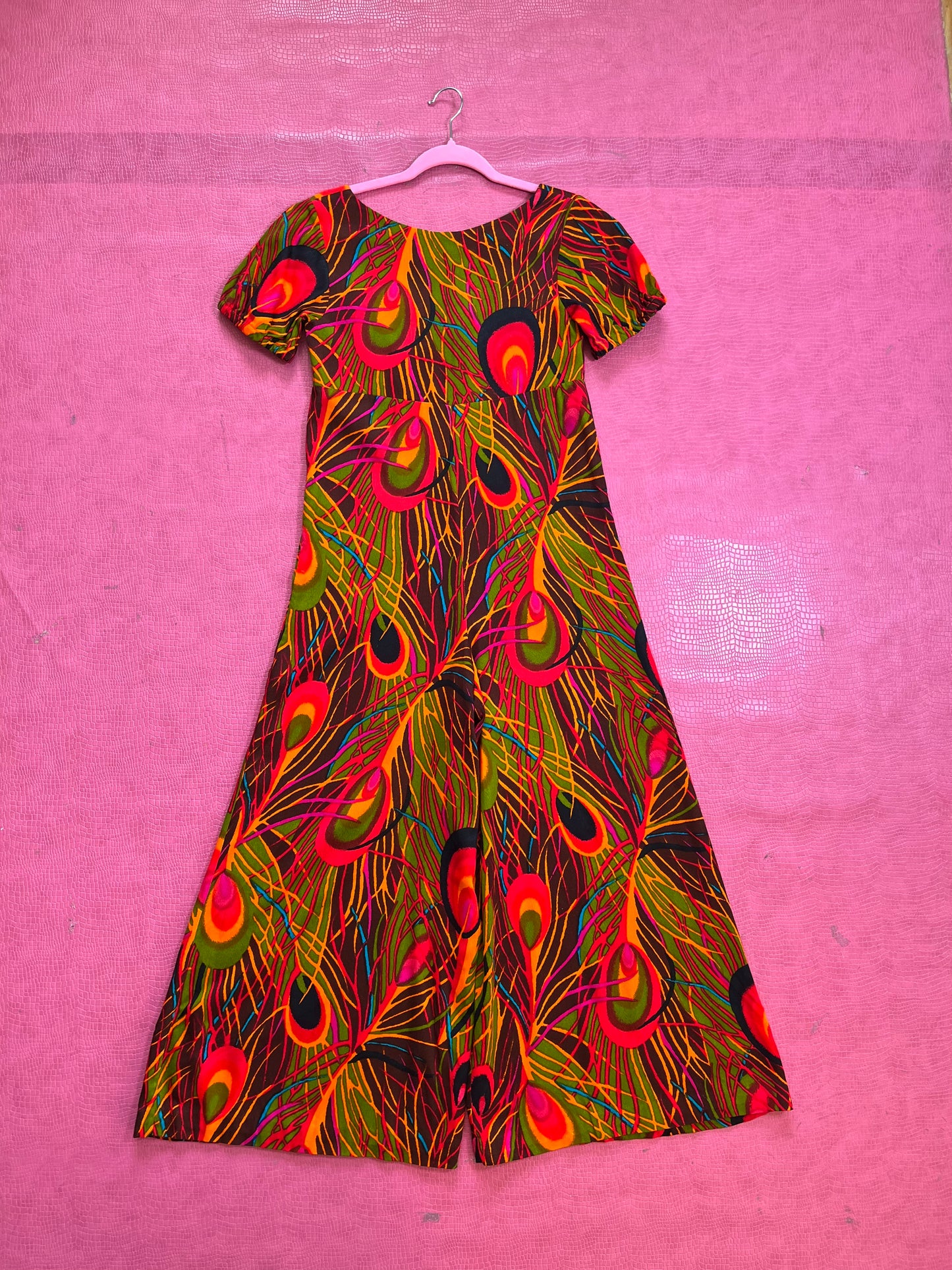 Vintage 60s 70s "Sunflower Of San Clemente" Peacock Feather Print Jumpsuit - Best Fits Size XXS-XS