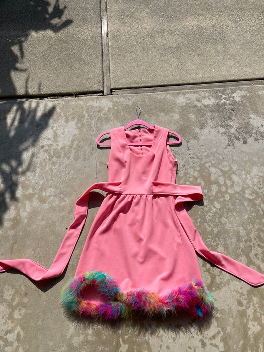 Vintage 60s Bubblegum Pink Rainbow Marabou Trim Dress Fits Sizes XS-M