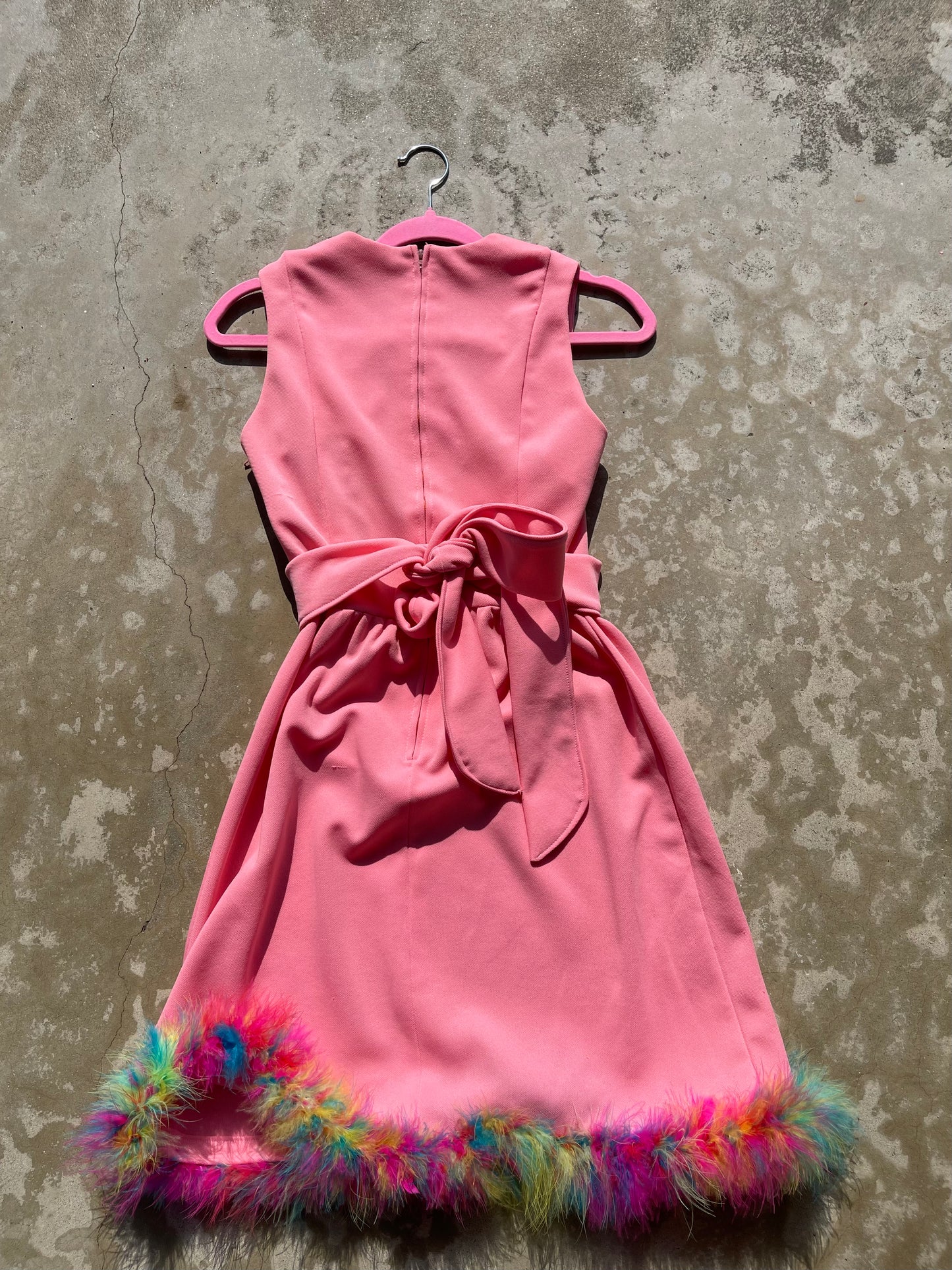 Vintage 60s Bubblegum Pink Rainbow Marabou Trim Dress Fits Sizes XS-M