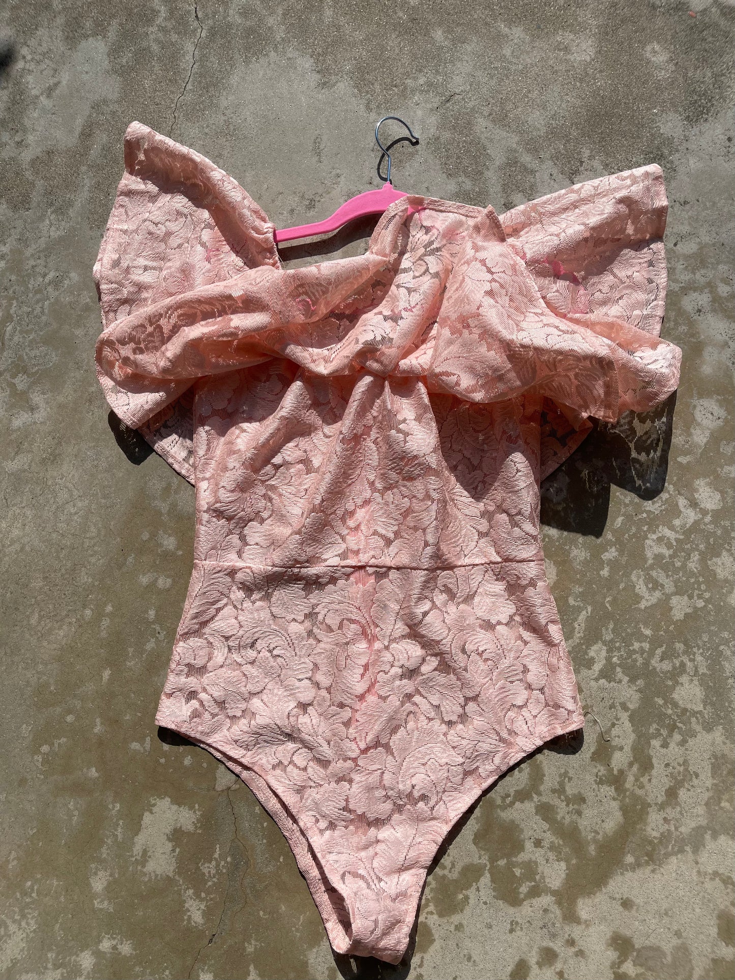 Vintage 70s / 80s Lace Sheer Rose Pink Romantic Ruffle Overlay Bodysuit Fits S-M & Possible Size L