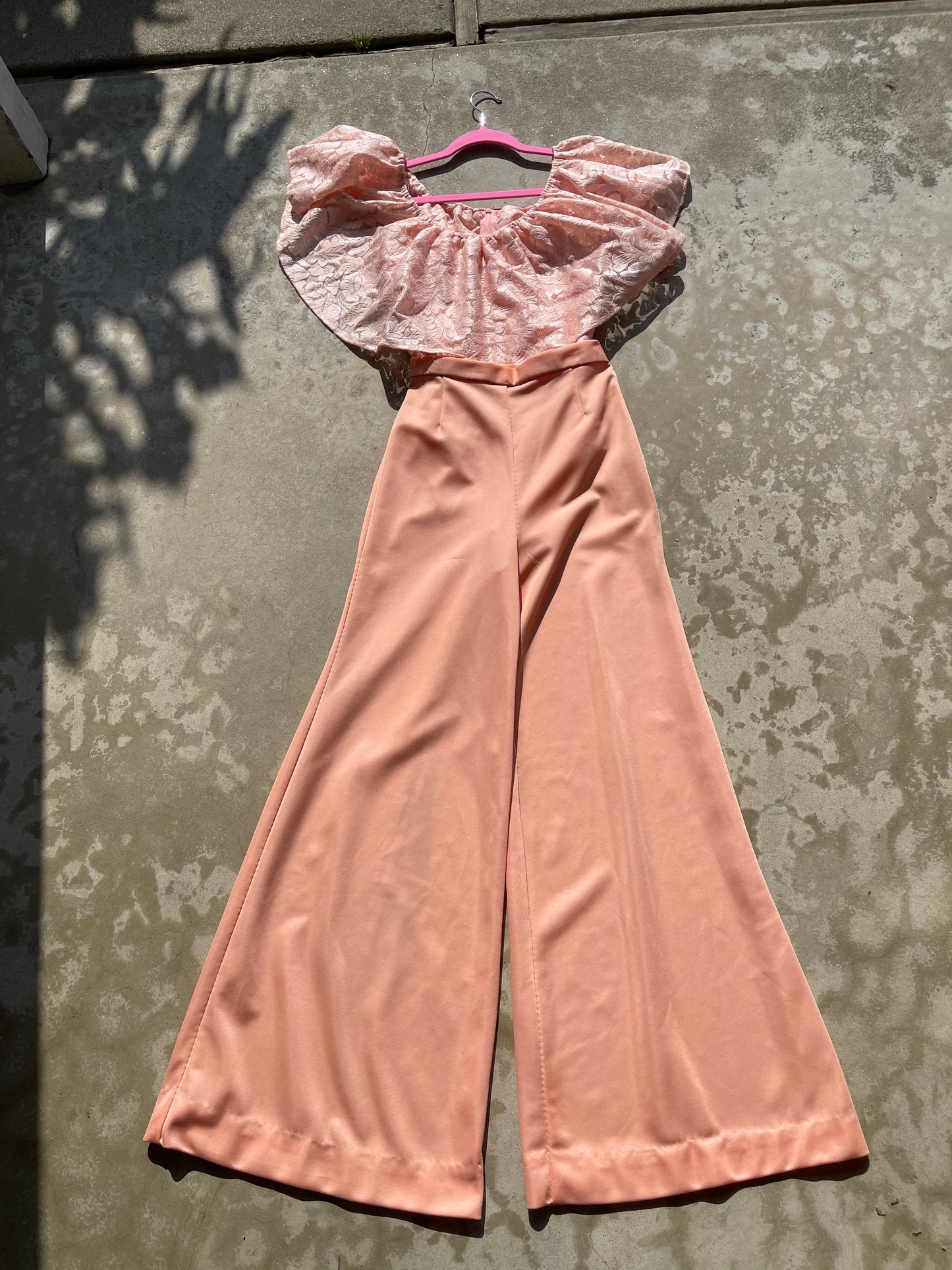 Vintage 70s / 80s Lace Sheer Rose Pink Romantic Ruffle Overlay Bodysuit Fits S-M & Possible Size L