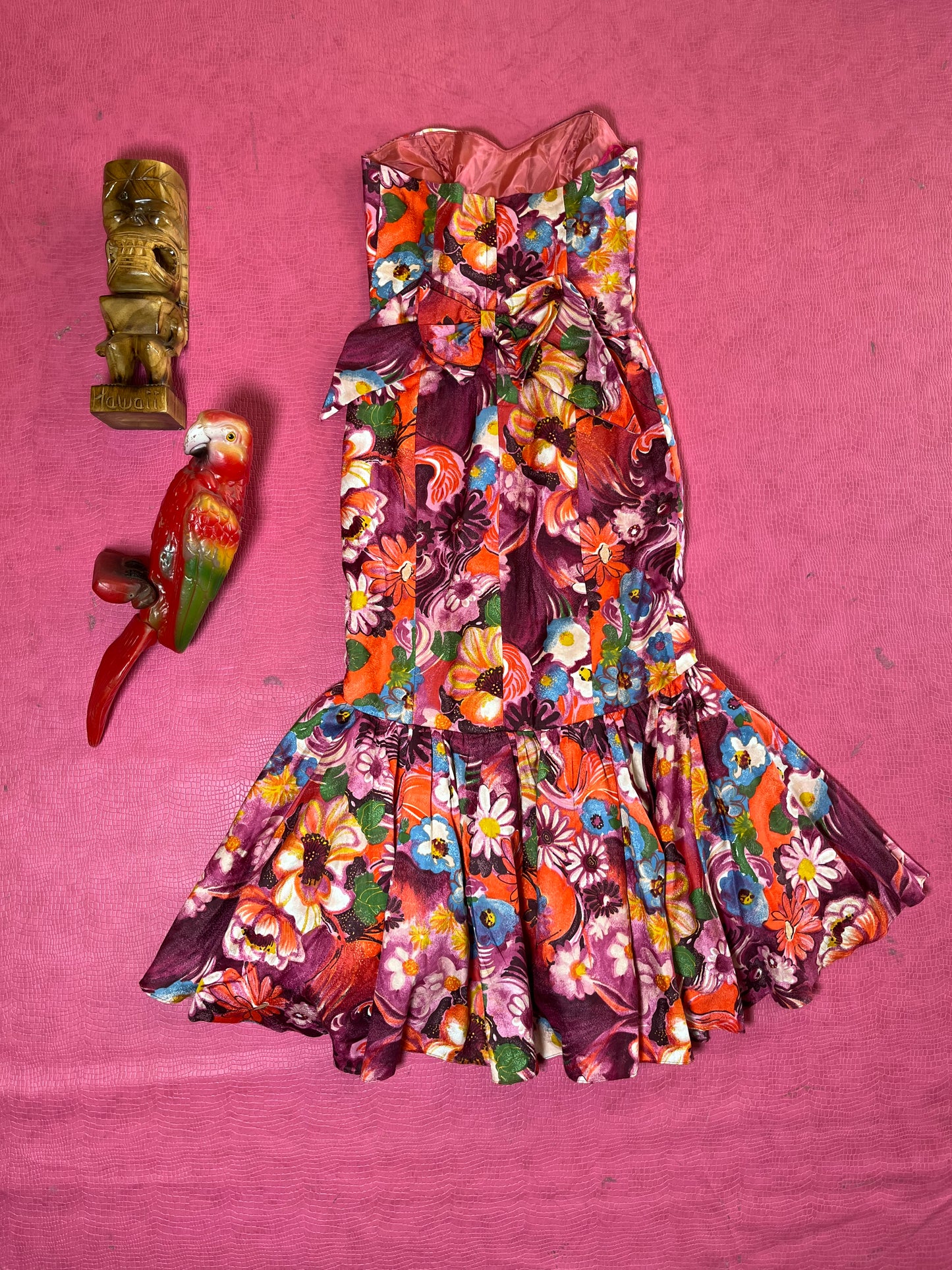 Vintage 60s Strapless Floral Print Mermaid Dress - Best Fits Size XS-S
