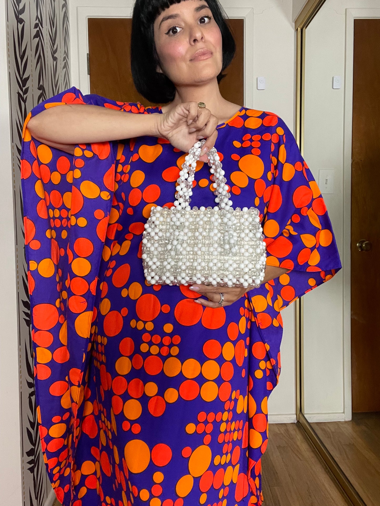 Vintage 60s 70s Purple Red Orange Op Art Polka Dots Neon DayGlo Caftan XS-L