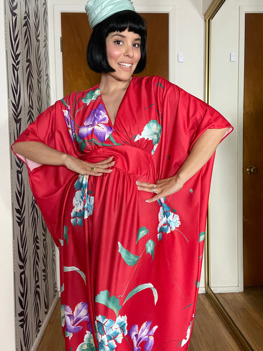 Vintage 60s 70s Waltah Clarke's Red Tropical Flowers Hawaiian Caftan Fits Most Sizes
