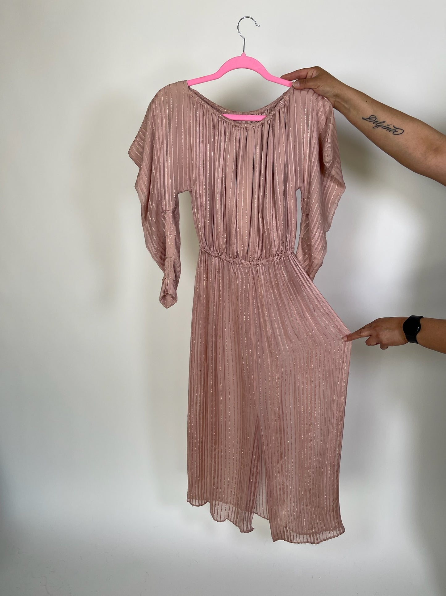Vintage 70s 80s Pink Silk Chiffon Dress With Avant Garde Shoulders - Fits Most Sizes